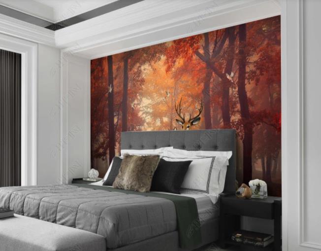 3D Hand-painted Red Maple Woods Elk Wall Mural Wallpaper SWW2221- Jess Art Decoration