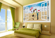 3D Hand-painted Cartoon Couple Beach Wall Mural Wallpaper SWW2217- Jess Art Decoration