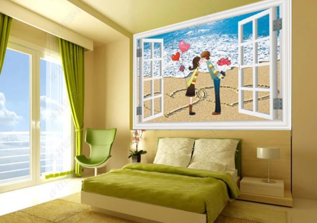 3D Hand-painted Cartoon Couple Beach Wall Mural Wallpaper SWW2217- Jess Art Decoration