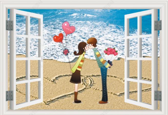 3D Hand-painted Cartoon Couple Beach Wall Mural Wallpaper SWW2217- Jess Art Decoration