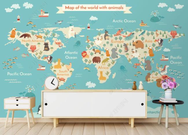 3D Northern Europe Hand-painted Cartoon Animal Map Wall Mural Wallpaper SWW2180- Jess Art Decoration