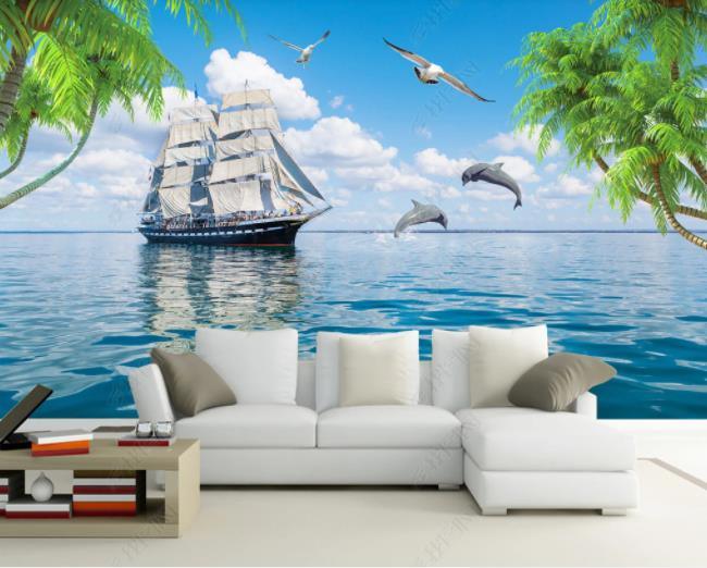 3D Northern Europe Sea Sailboat Sea Gull Tropics Coconut Trees Wall Mural Wallpaper SWW1969- Jess Art Decoration