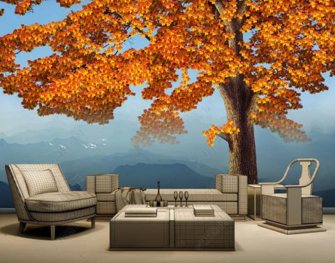 3D Stereo Effect Relief Red Maple Mountain Range Wall Mural Wallpaper SWW1905- Jess Art Decoration