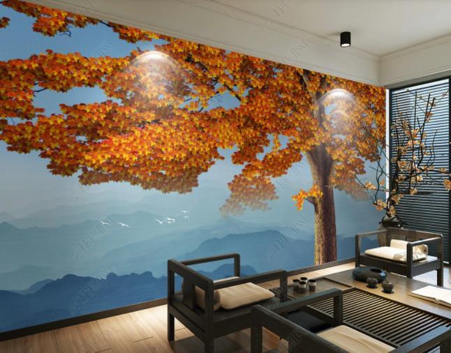 3D Stereo Effect Relief Red Maple Mountain Range Wall Mural Wallpaper SWW1905- Jess Art Decoration