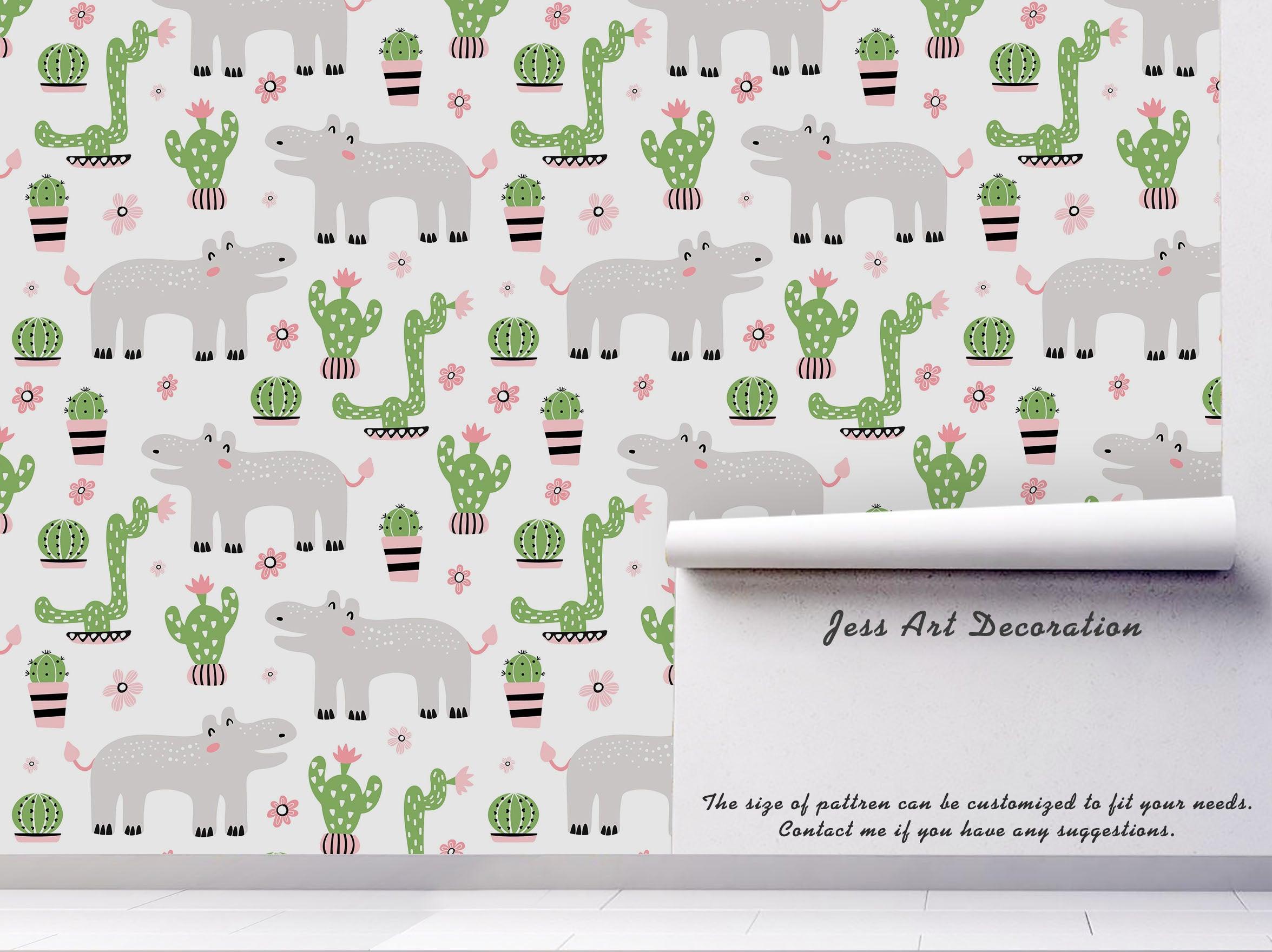 3D cartoon hippo green cactus wall mural wallpaper 26- Jess Art Decoration