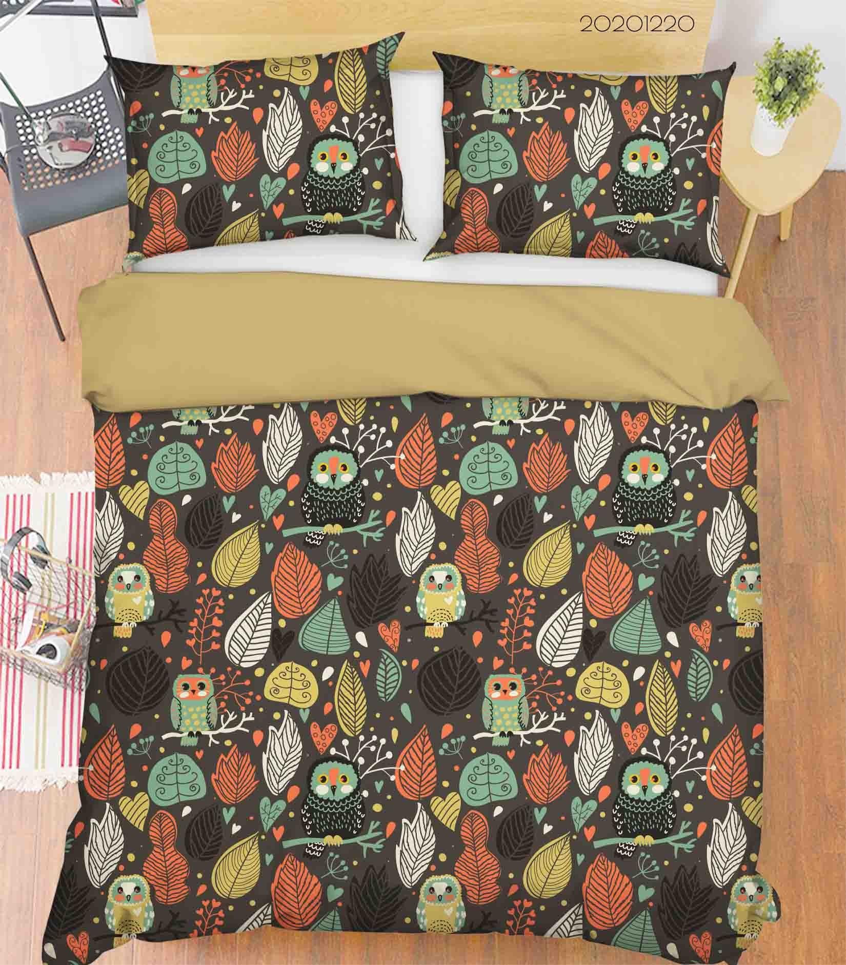 3D Hand Drawn Forest Owl Leaf Quilt Cover Set Bedding Set Duvet Cover Pillowcases 85- Jess Art Decoration