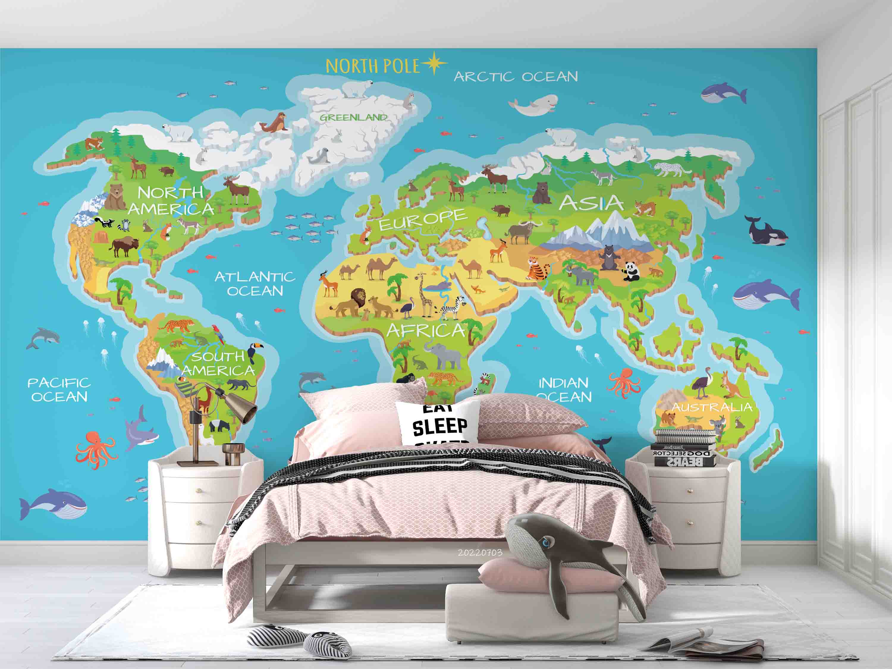 3D World Map Cartoon Animals Wall Mural Wallpaper GD 1118- Jess Art Decoration