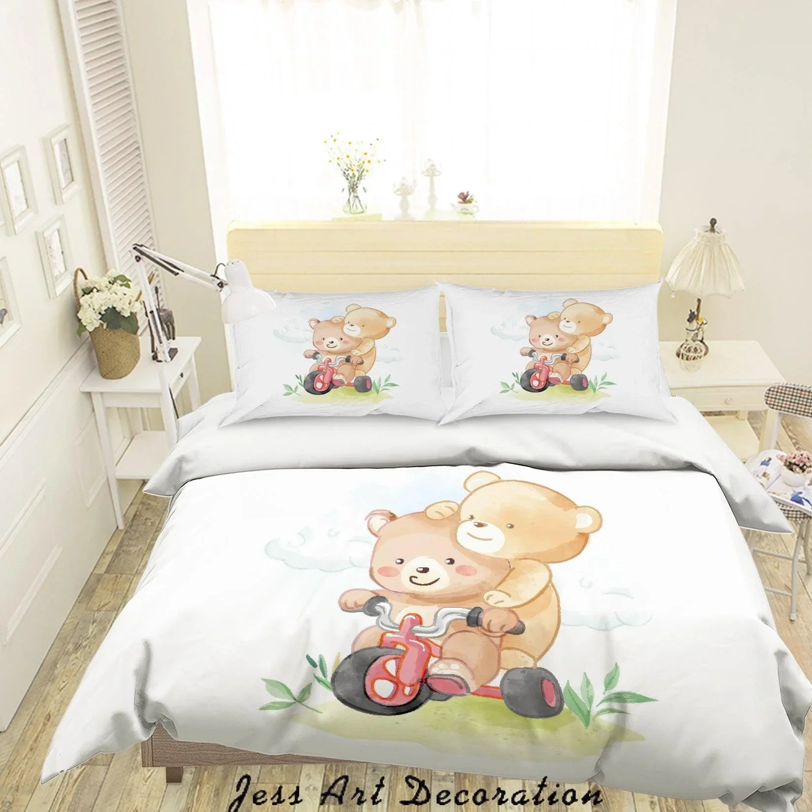 3D Cartoon Bear Bike Quilt Cover Set Bedding Set Duvet Cover Pillowcases SF47- Jess Art Decoration