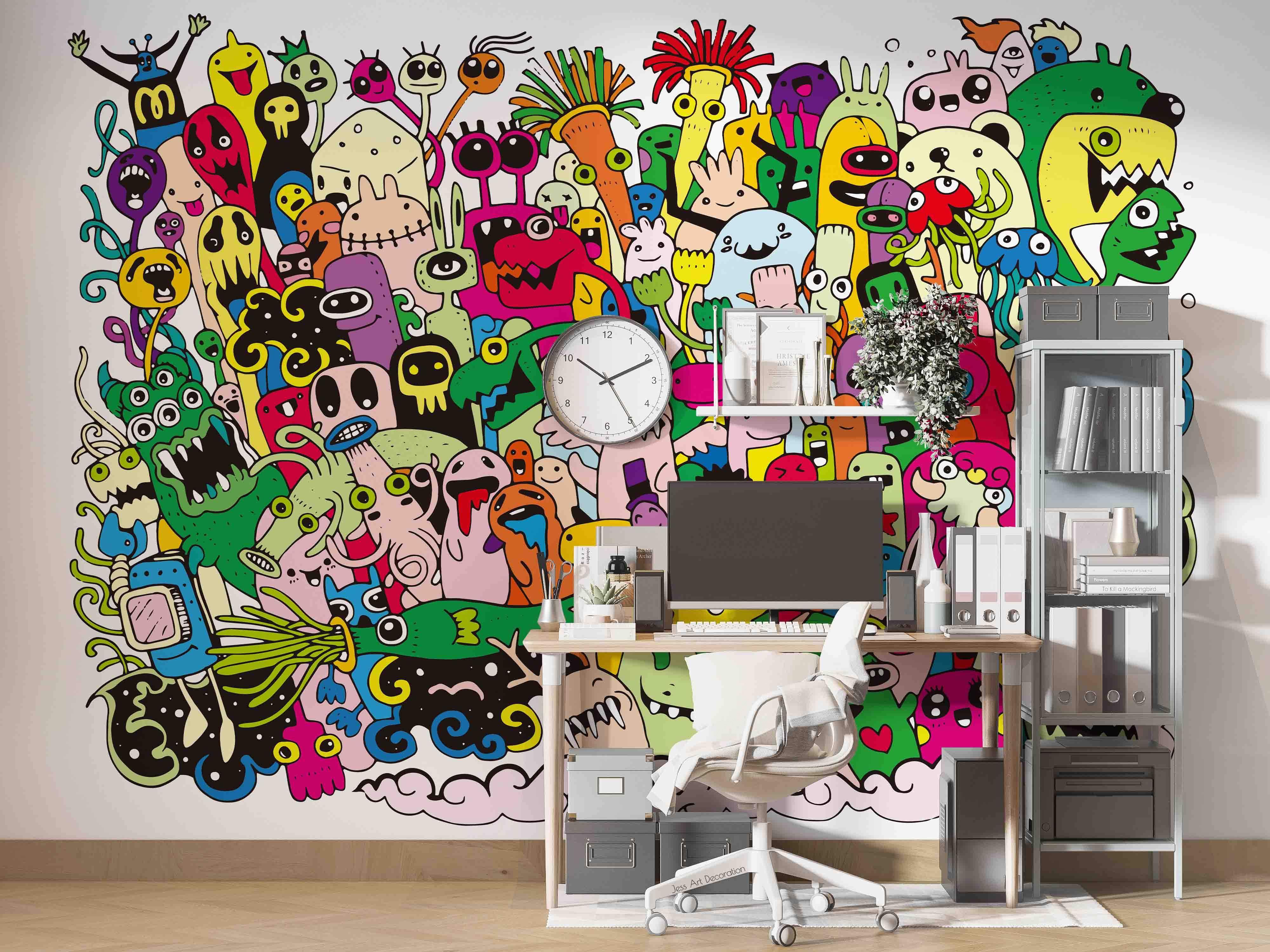 3D Colourful Monster Doodle colourful monster doodle collage wall mural wallpaper for playroom - view 3