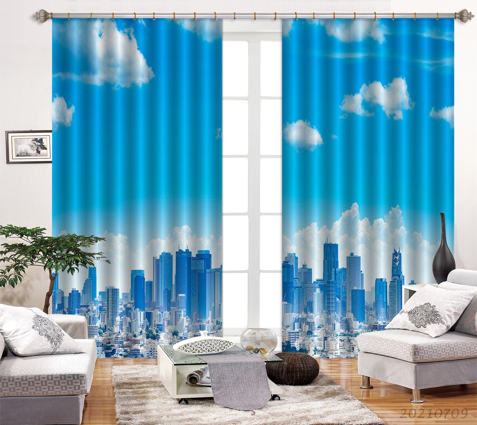 3D Blue Sky Cloud City Landscape Curtains and Drapes LQH 69- Jess Art Decoration
