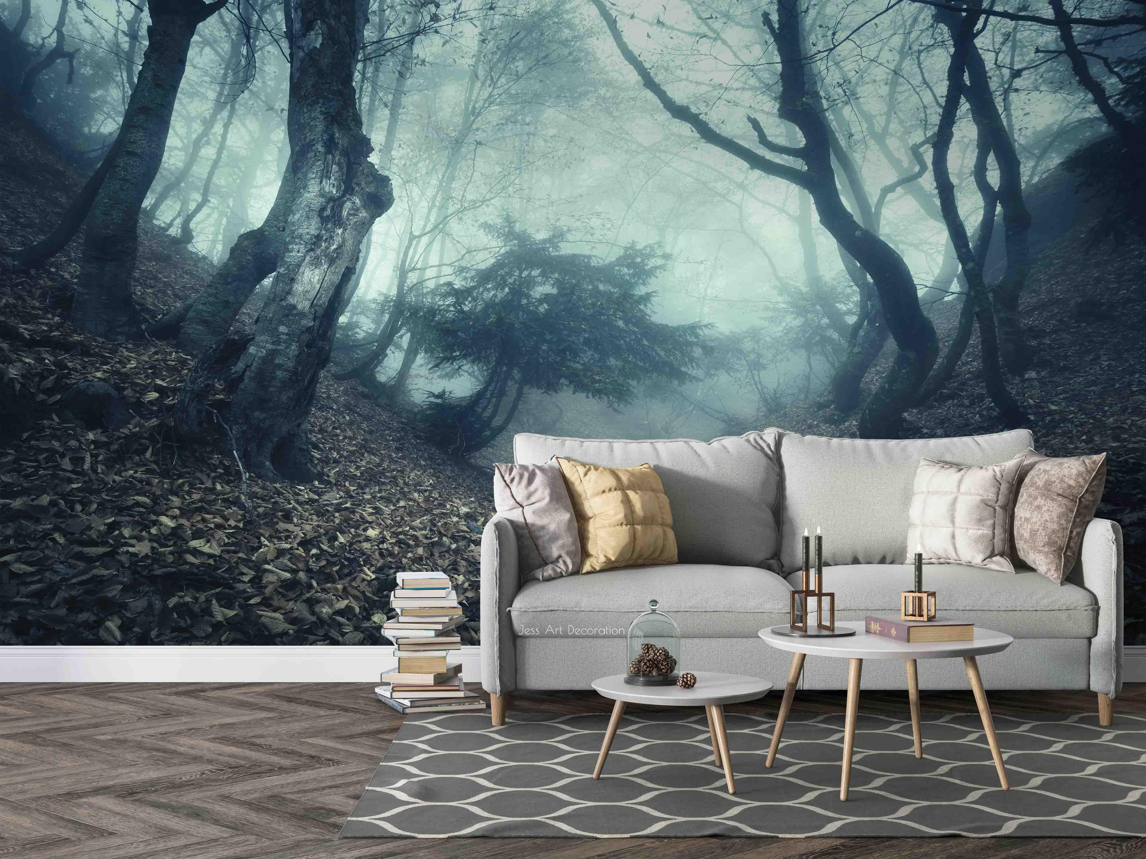 3D Plant Tree Trunk Dead Leaves Fog Blue Landscape Wall Mural Wallpaper LLL 1798- Jess Art Decoration