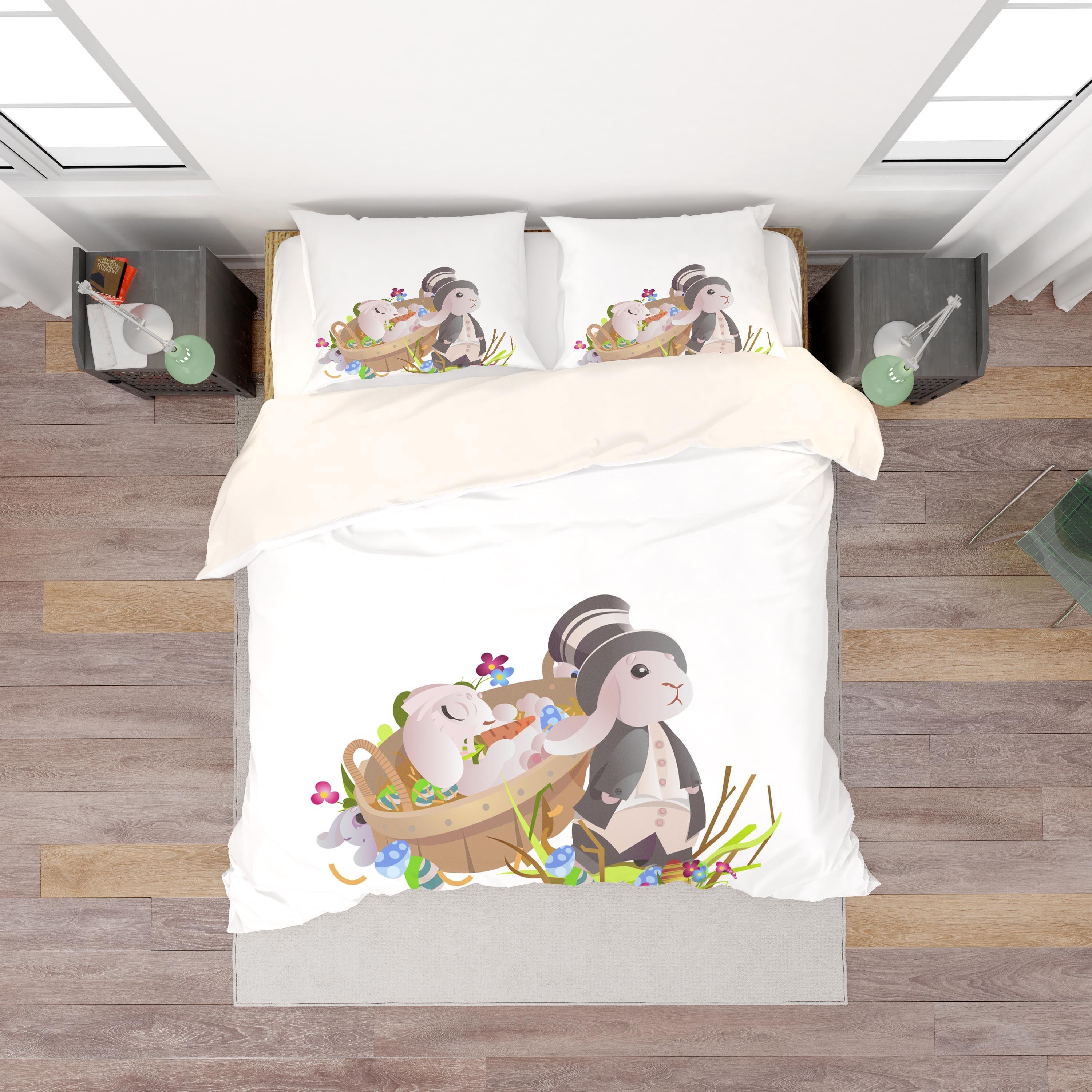 3D White Rabbit Basket Eggs Floral Quilt Cover Set Bedding Set Duvet Cover Pillowcases SF19- Jess Art Decoration