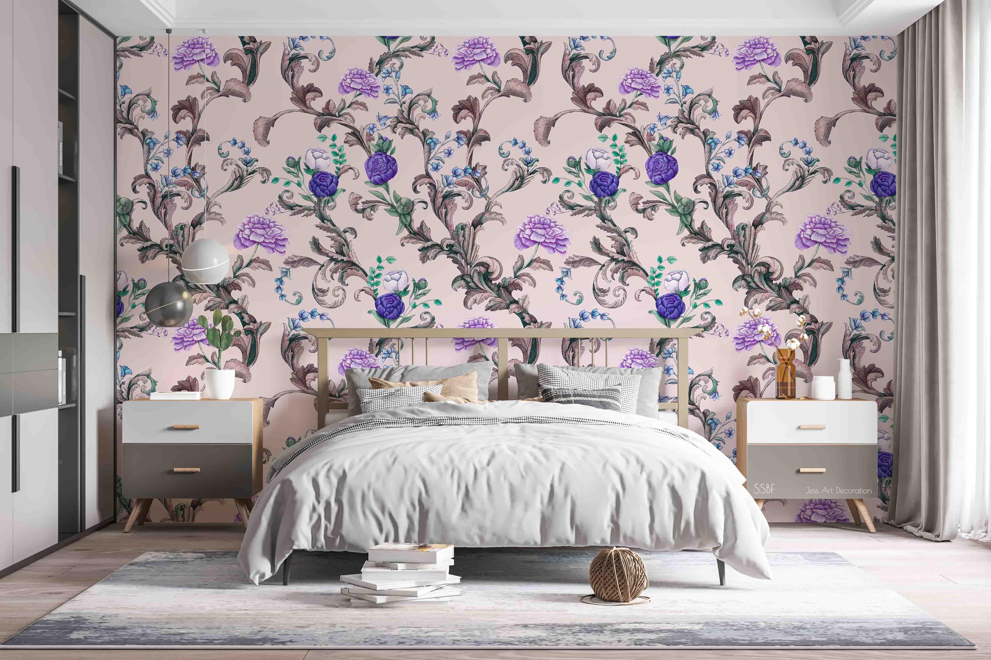 3D Vintage Purple Blue Flower Rattan Pattern Wall Mural Wallpaper GD 3497- Jess Art Decoration