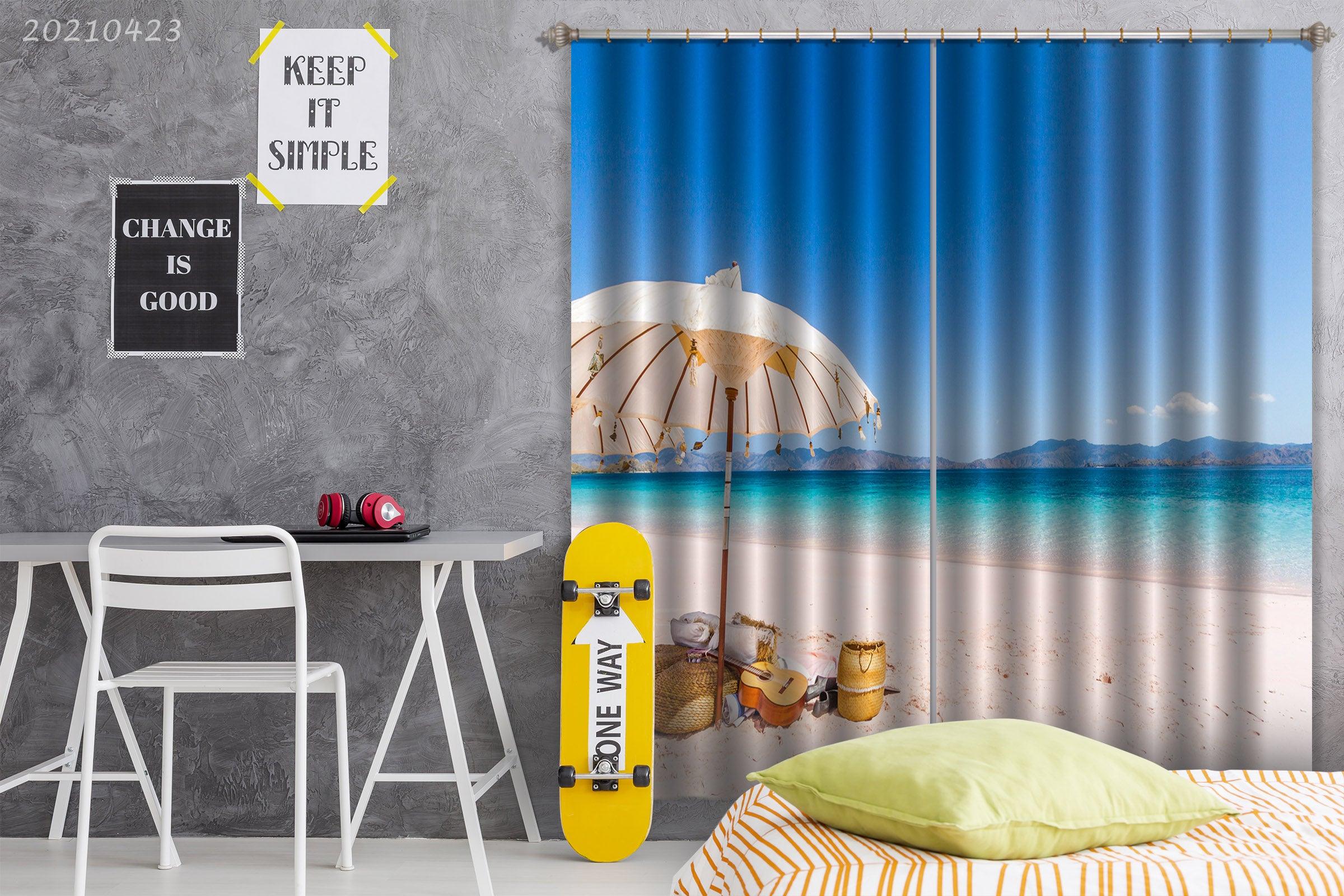 3D Beach Blue Sea Guitar Sun Umbrella Curtains and Drapes GD 1277- Jess Art Decoration