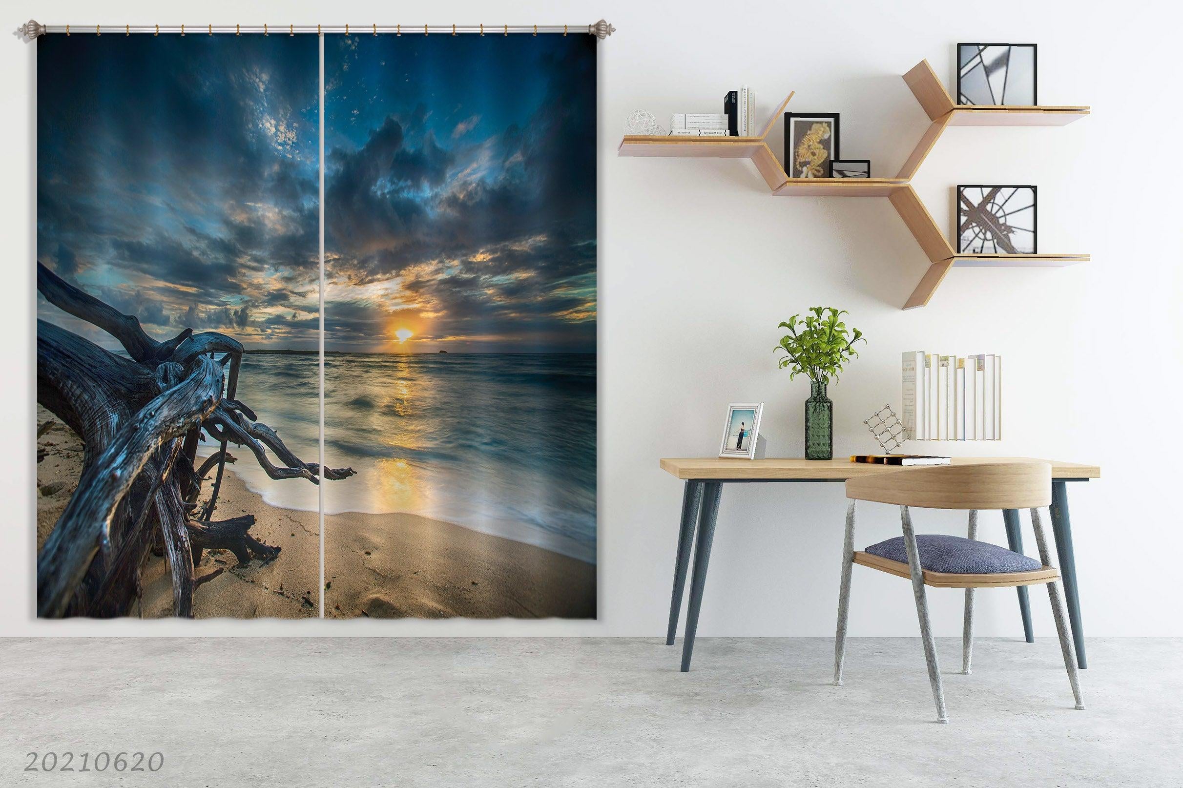 3D Beach Dead Trees Sea Sun Dark Clouds Scenery Curtains and Drapes GD 738- Jess Art Decoration