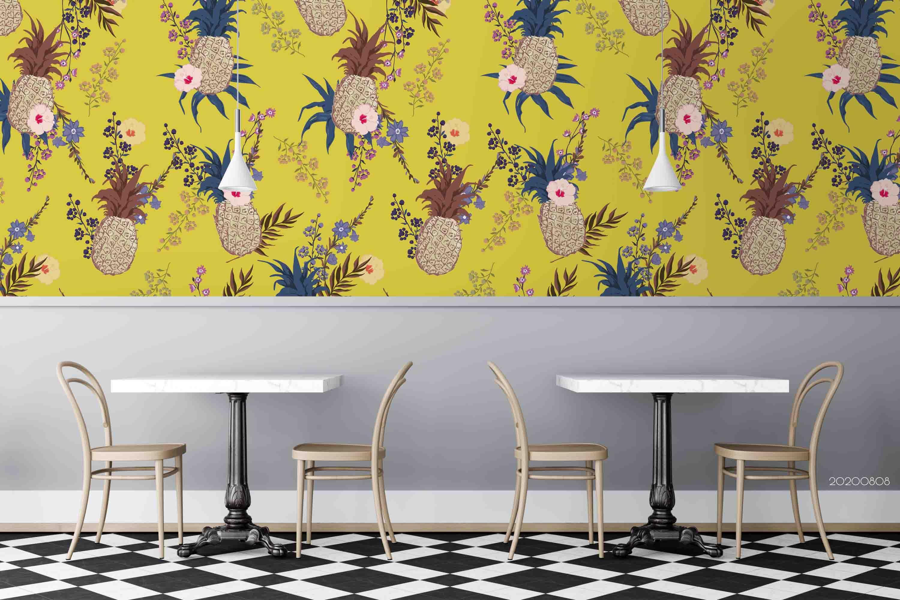 3D Hand Sketching Yellow Floral Pineapple Wall Mural Wallpaper LXL 722- Jess Art Decoration