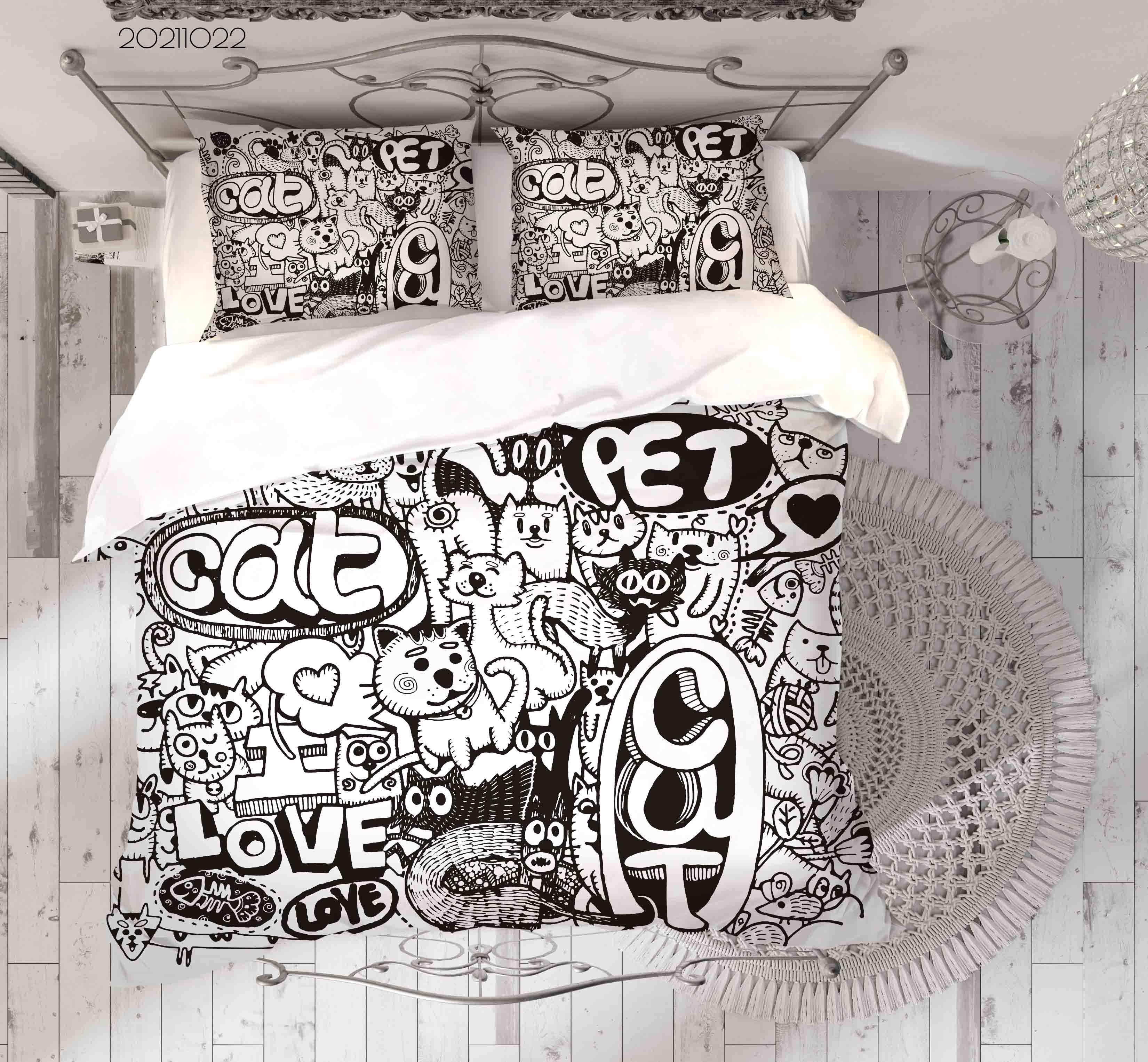 3D Cute Cat Animal Doodle Quilt Cover Set Bedding Set Duvet Cover Pillowcases 50- Jess Art Decoration