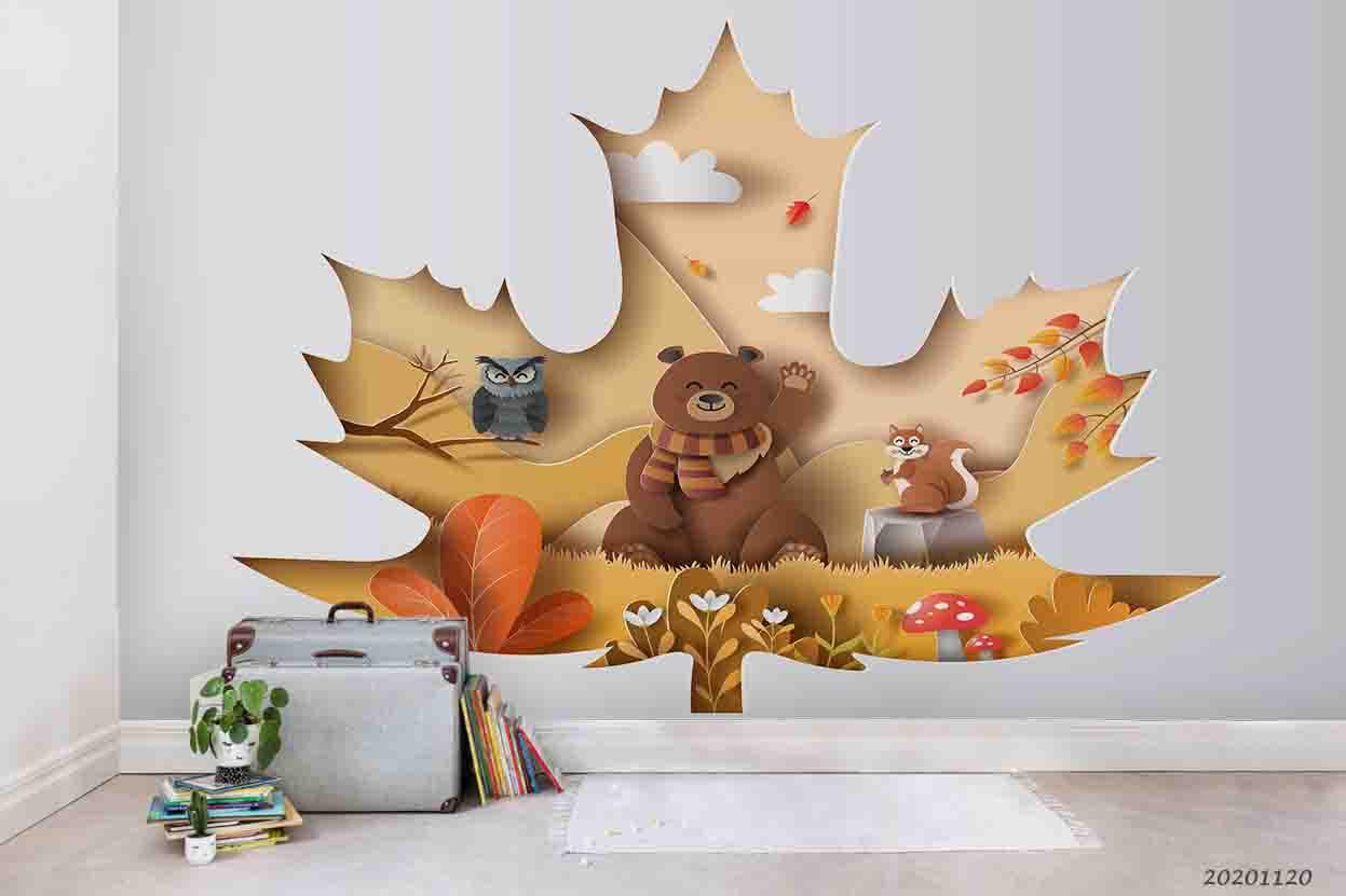 3D Animal Bear Maple Leaf Wall Mural Wallpaper LQH 286- Jess Art Decoration