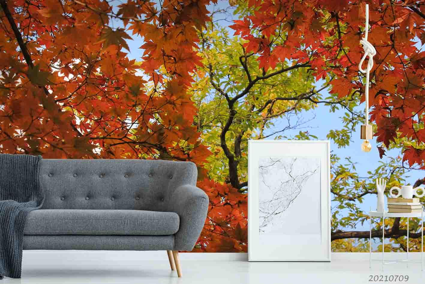 3D Red Maple Golden Leaf Wall Wall Mural Wallpaper SWW4377- Jess Art Decoration