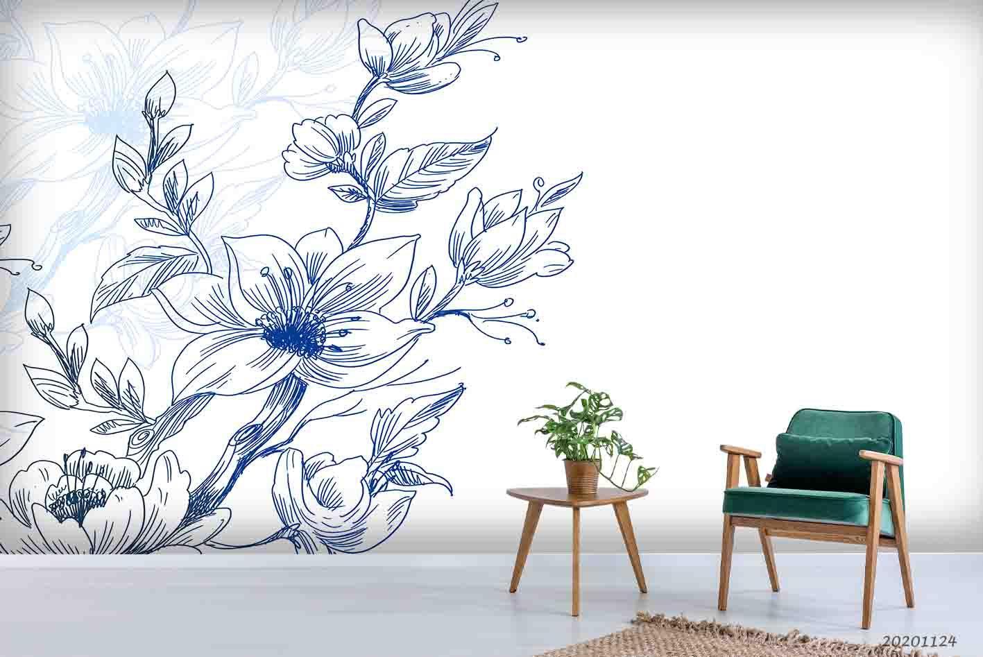 3D Hand Drawn Blue Floral Wall Mural Wallpaper LQH 116- Jess Art Decoration