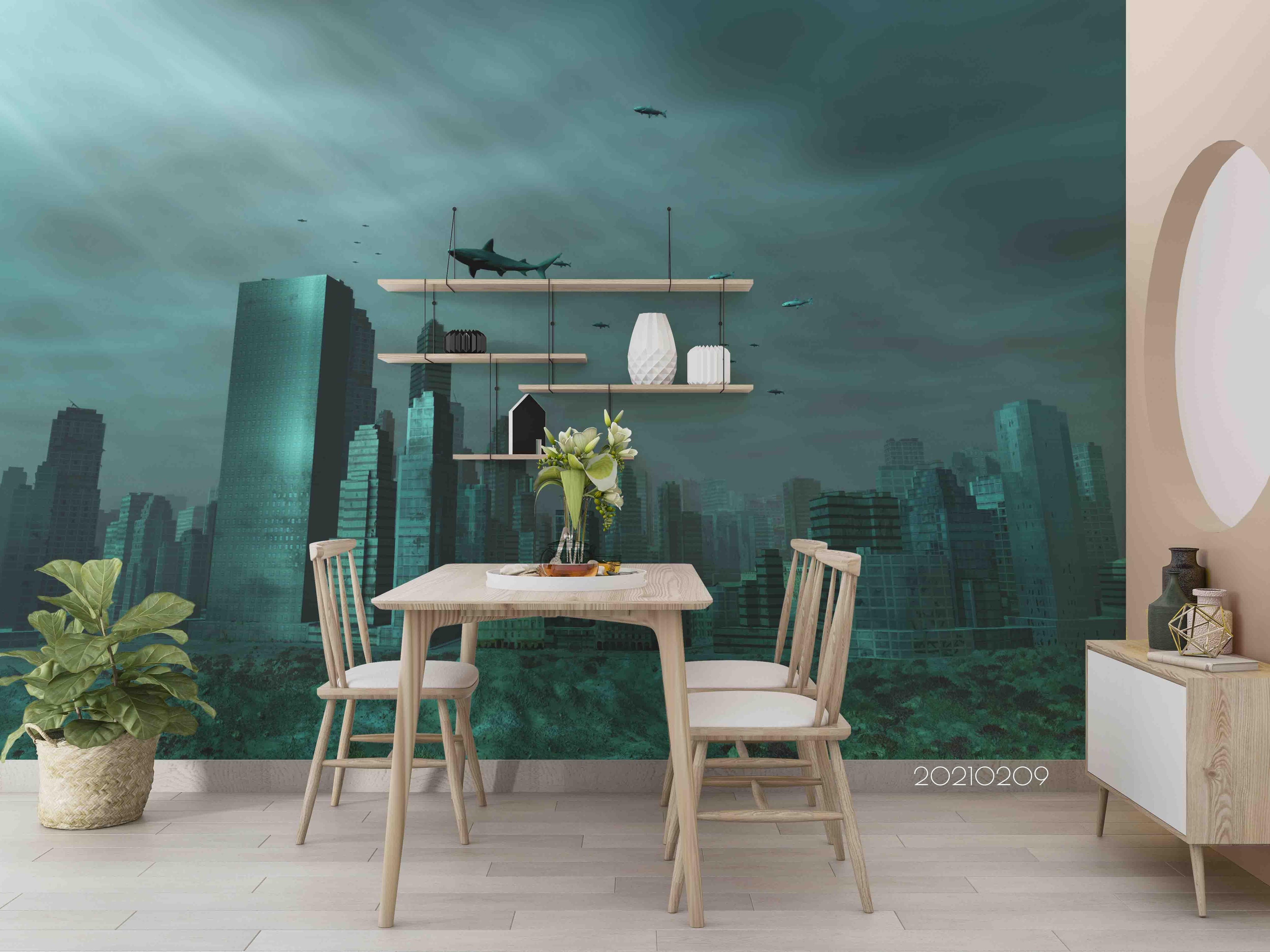 3D Abstract Sea Whale Urban Architecture Wall Mural Wallpaper LQH 74- Jess Art Decoration