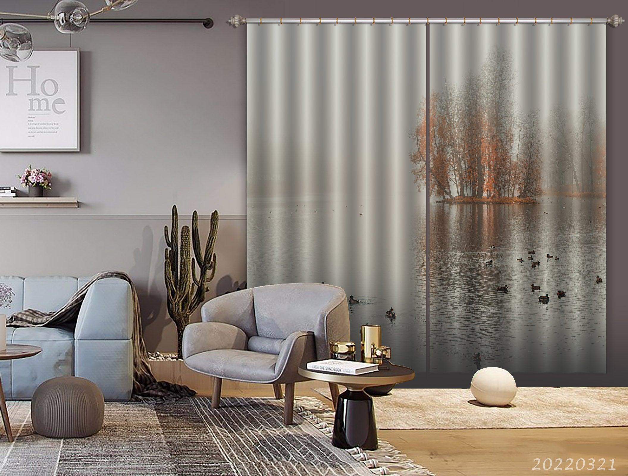 3D Morning Autumn Landscape Fog Lake Duck Curtains and Drapes GD 3092- Jess Art Decoration