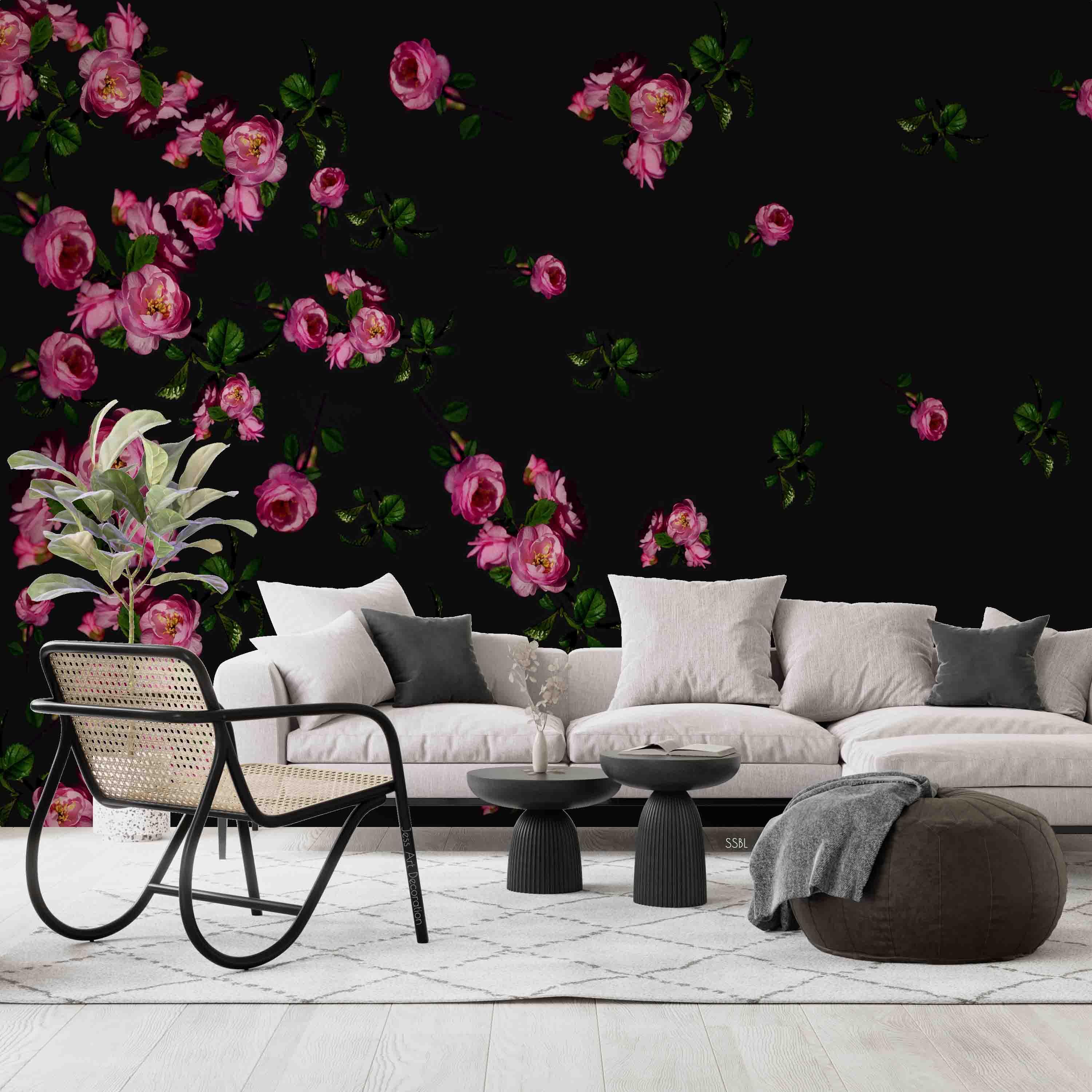 3D Vintage Blooming Pink Peony Black Background Wall Mural Wallpaper GD 3552- Jess Art Decoration