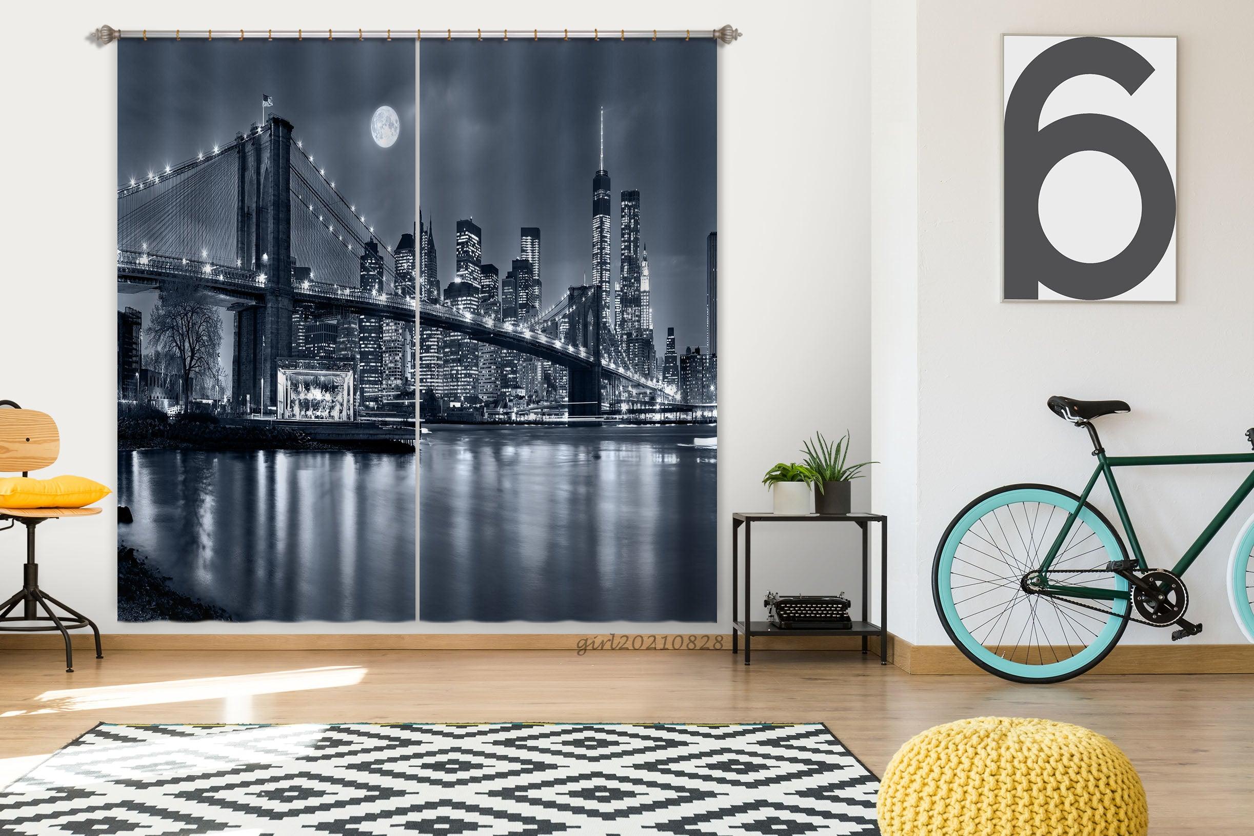 3D Night Sky Moon City Sea Bridge Landscape Curtains and Drapes LQH 70- Jess Art Decoration