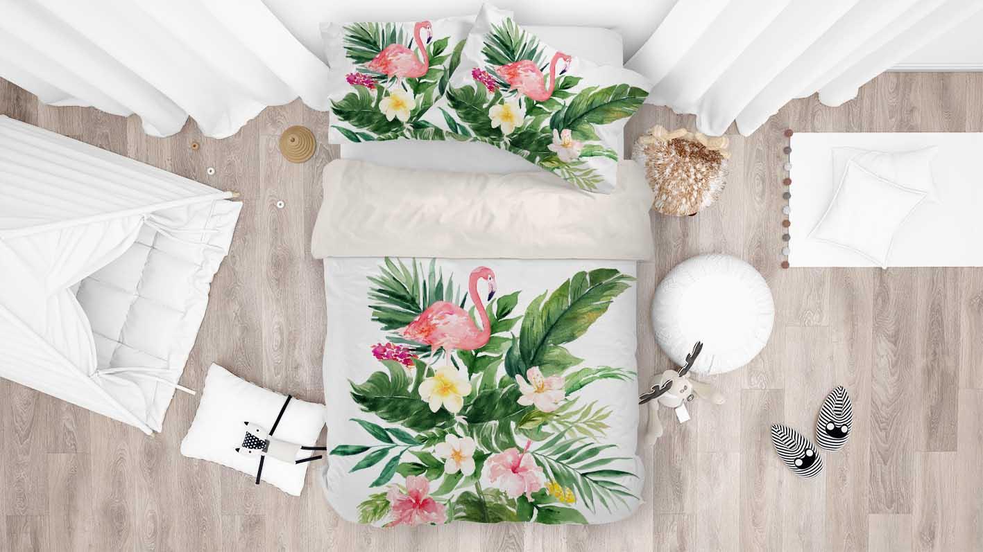 3D Watercolor Flamingo Floral Leaves Quilt Cover Set Bedding Set Pillowcases 06- Jess Art Decoration