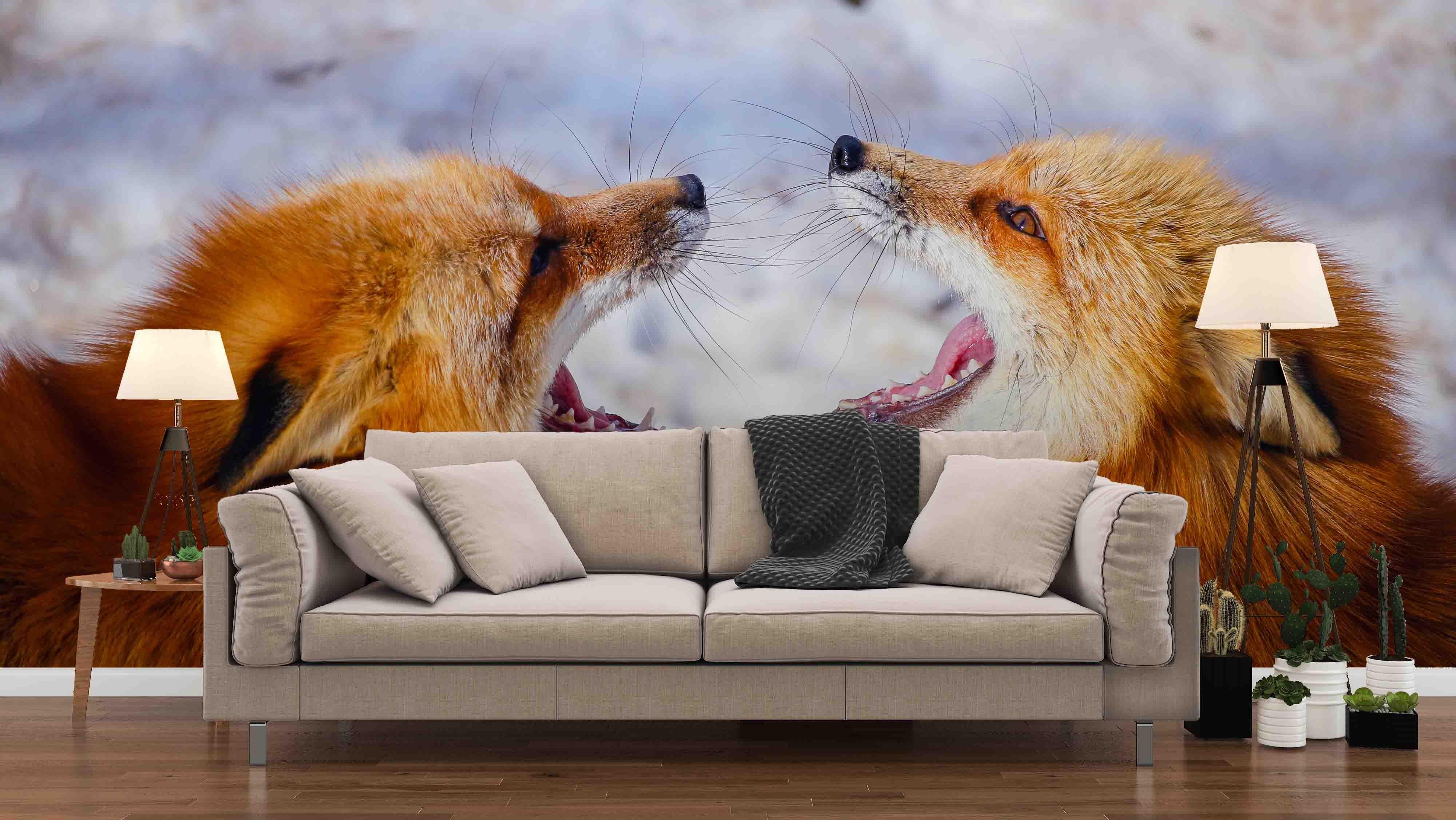 3D red foxes fighting wall mural wallpaper 54- Jess Art Decoration