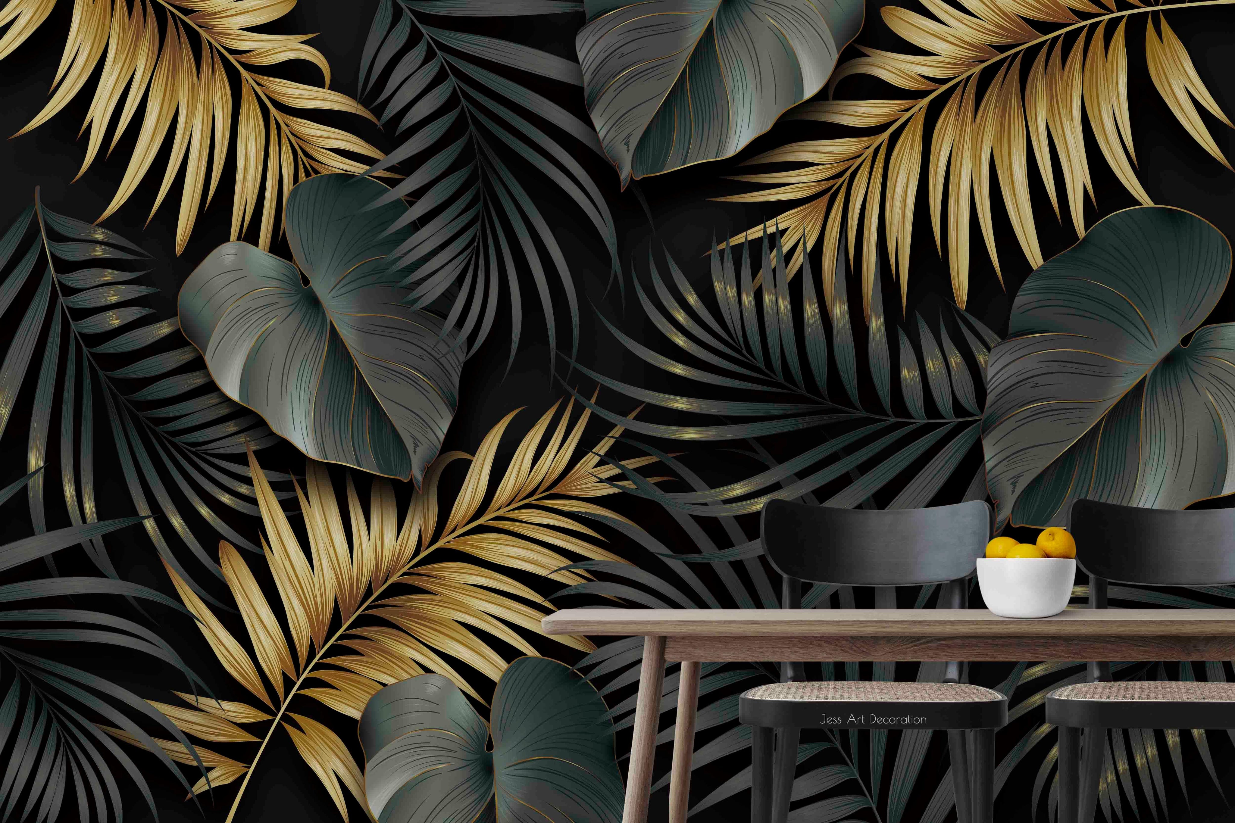3D Tropical Plant Green Golden Leaf Wall Mural Wallpaper GD 3070- Jess Art Decoration