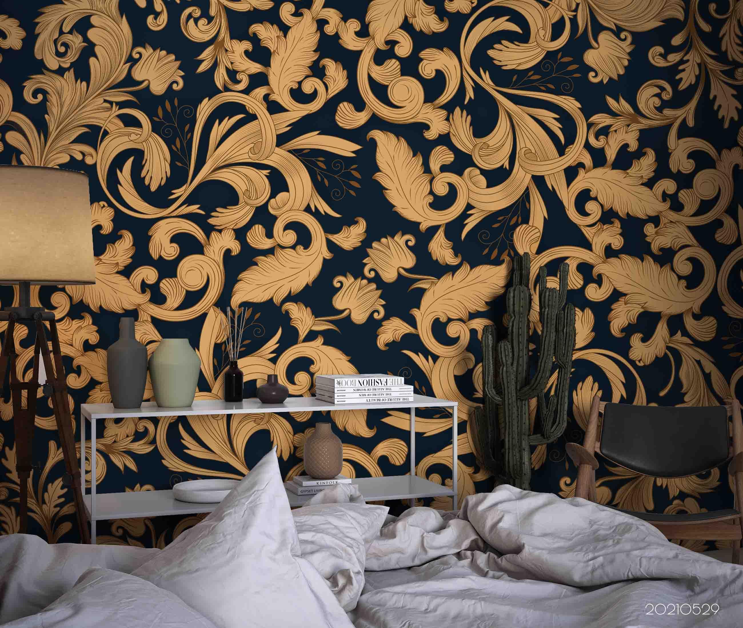 3D Golden Ornamental Leaf Floral Wall Mural Wallpaper SWW482- Jess Art Decoration