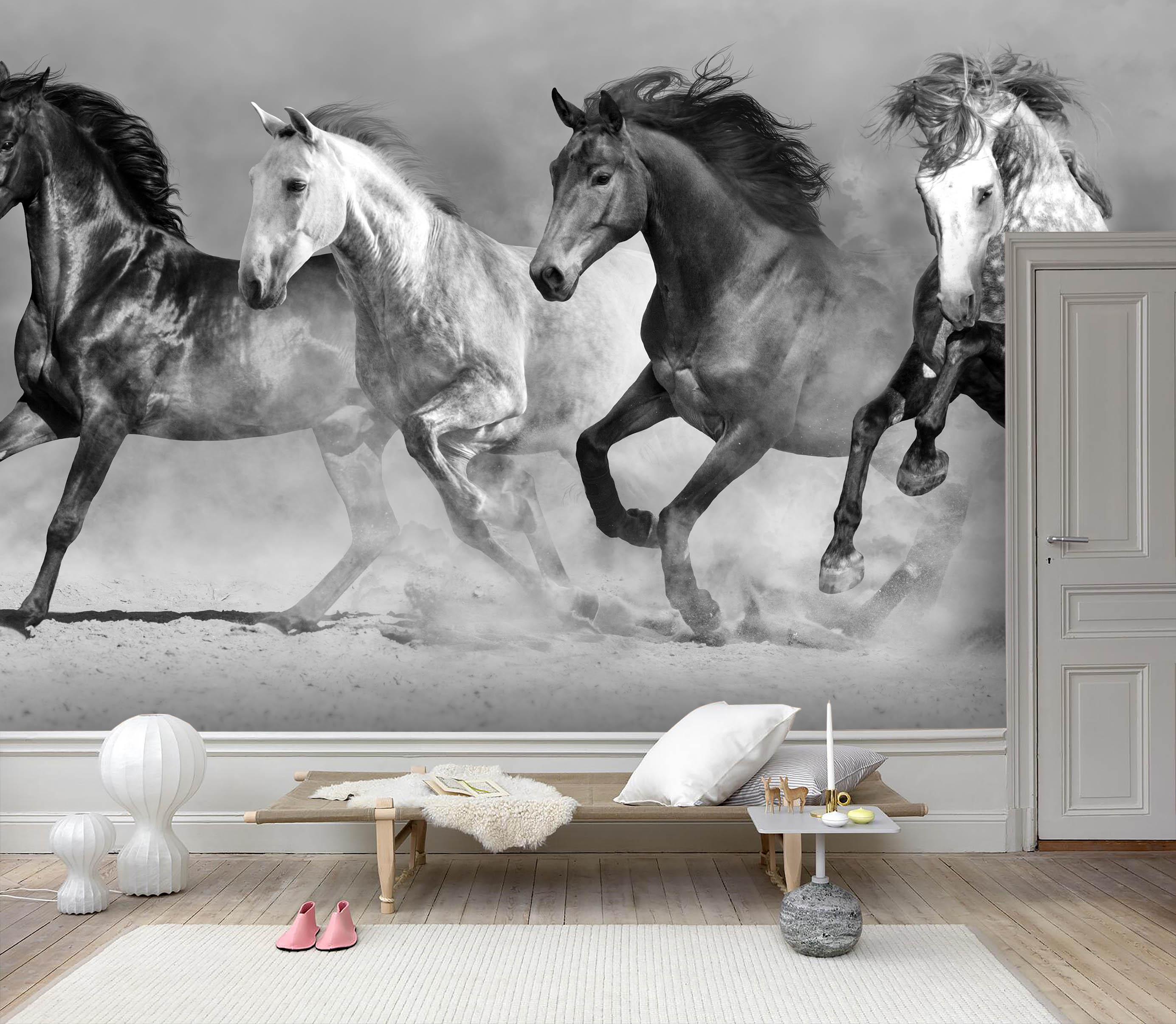 3D Black White Horse Gallop Wall Mural Wallpaper 145- Jess Art Decoration