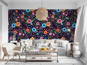 3D Abstract Vintage Colorful Flowers Black Background Wall Mural Wallpaper GD 3650- Jess Art Decoration