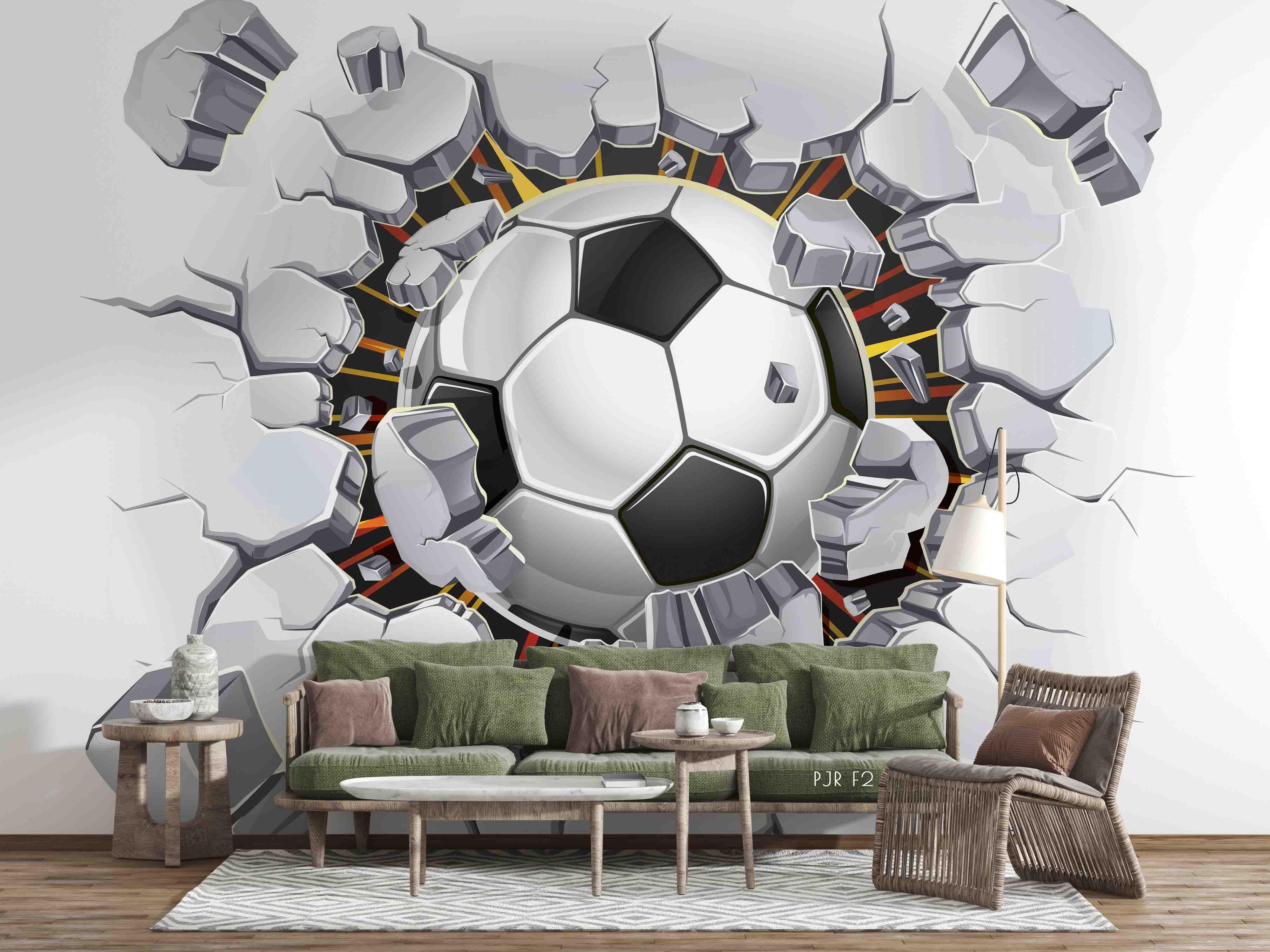 3D Cartoon Football Breaking Wall Painting Mural Wallpaper WJ 1397- Jess Art Decoration
