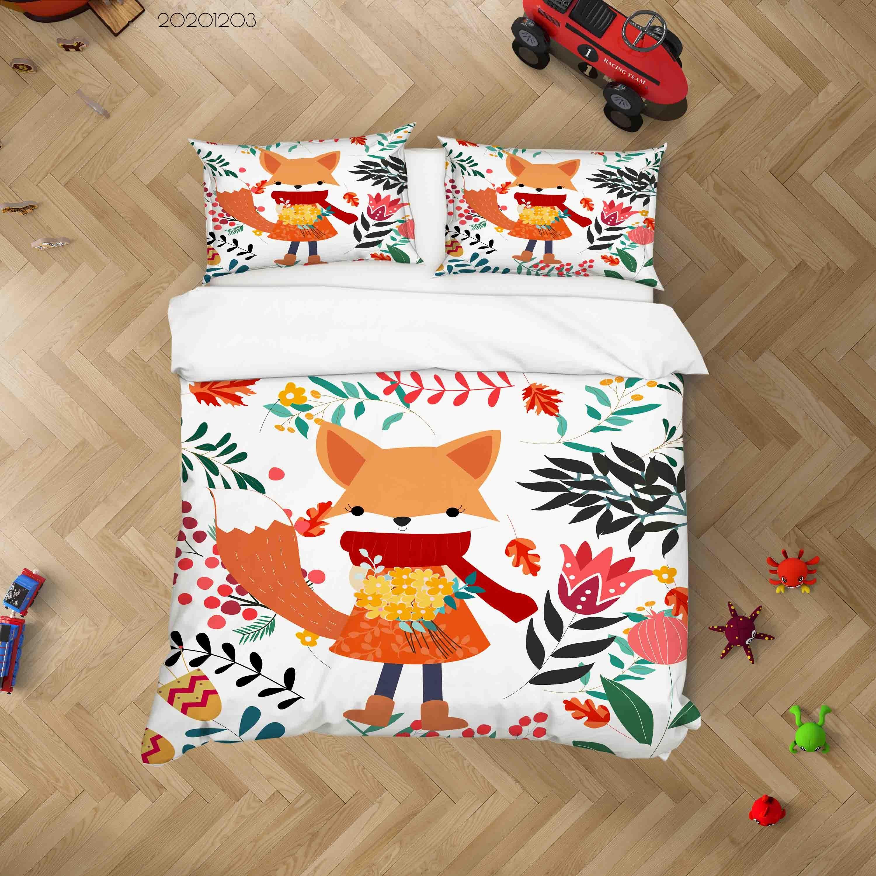 3D Cartoon Hand Drawn Colorful Floral Plant Fox Animal Quilt Cover Set Bedding Set Duvet Cover Pillowcases LXL- Jess Art Decoration