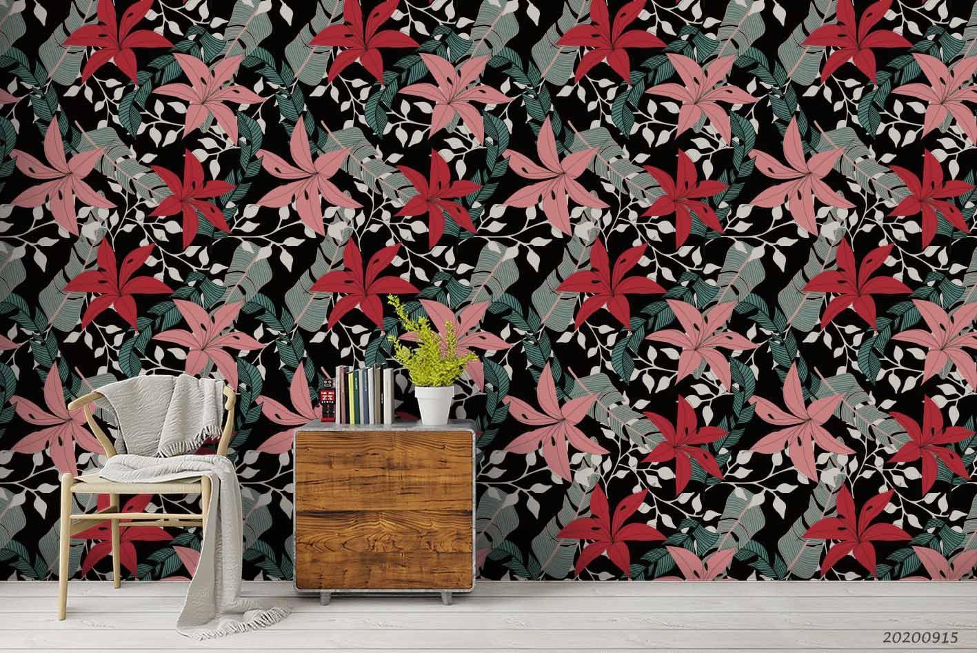 3D Hand Drawn Red Pink Floral Green Leaves Plant Pattern Wall Mural Wallpaper LXL- Jess Art Decoration