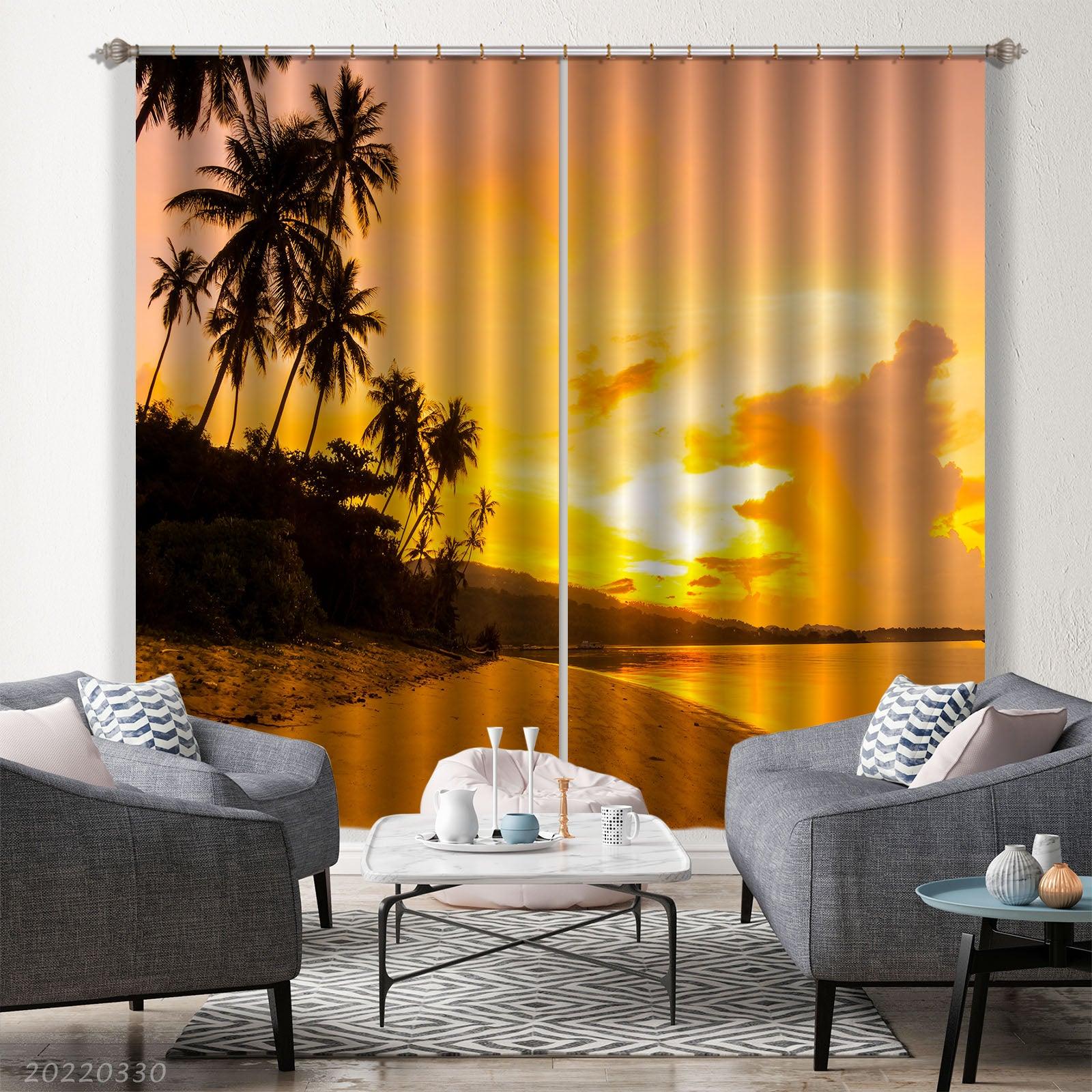 3D Landscape Ocean Beach Coconut Tree Sunrise Curtains and Drapes GD 3736- Jess Art Decoration