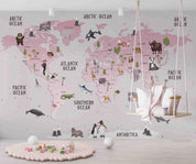 3D World Map Cartoon Animal Pink Wall Mural Wallpaper GD 42- Jess Art Decoration