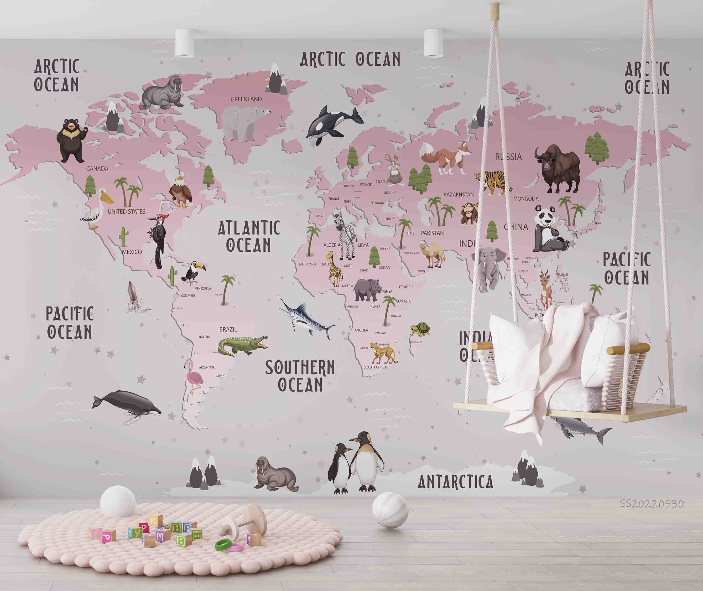 3D World Map Cartoon Animal Pink Wall Mural Wallpaper GD 42- Jess Art Decoration