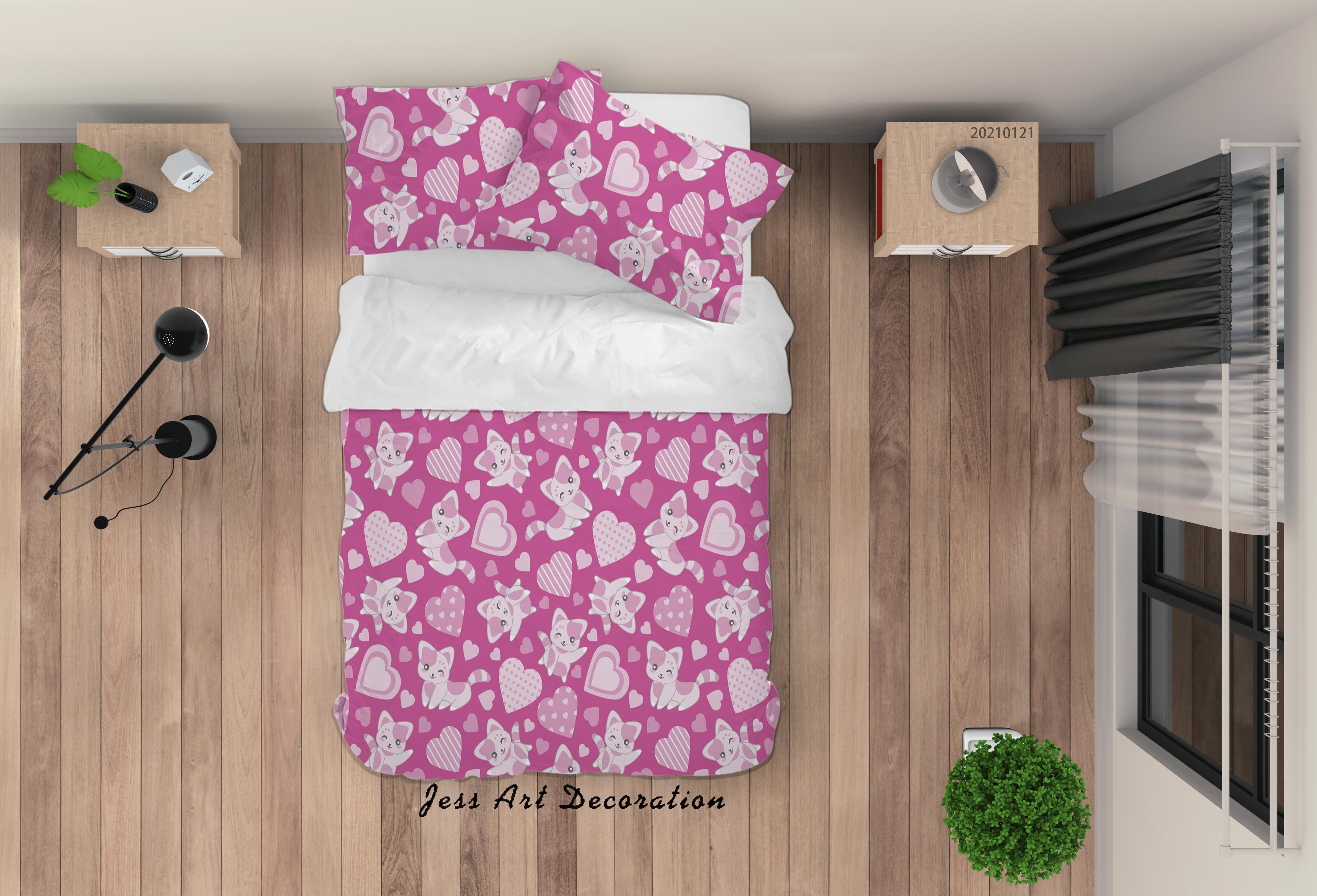 3D Hand Drawn Pink Animal Cat Love Quilt Cover Set Bedding Set Duvet Cover Pillowcases 62- Jess Art Decoration