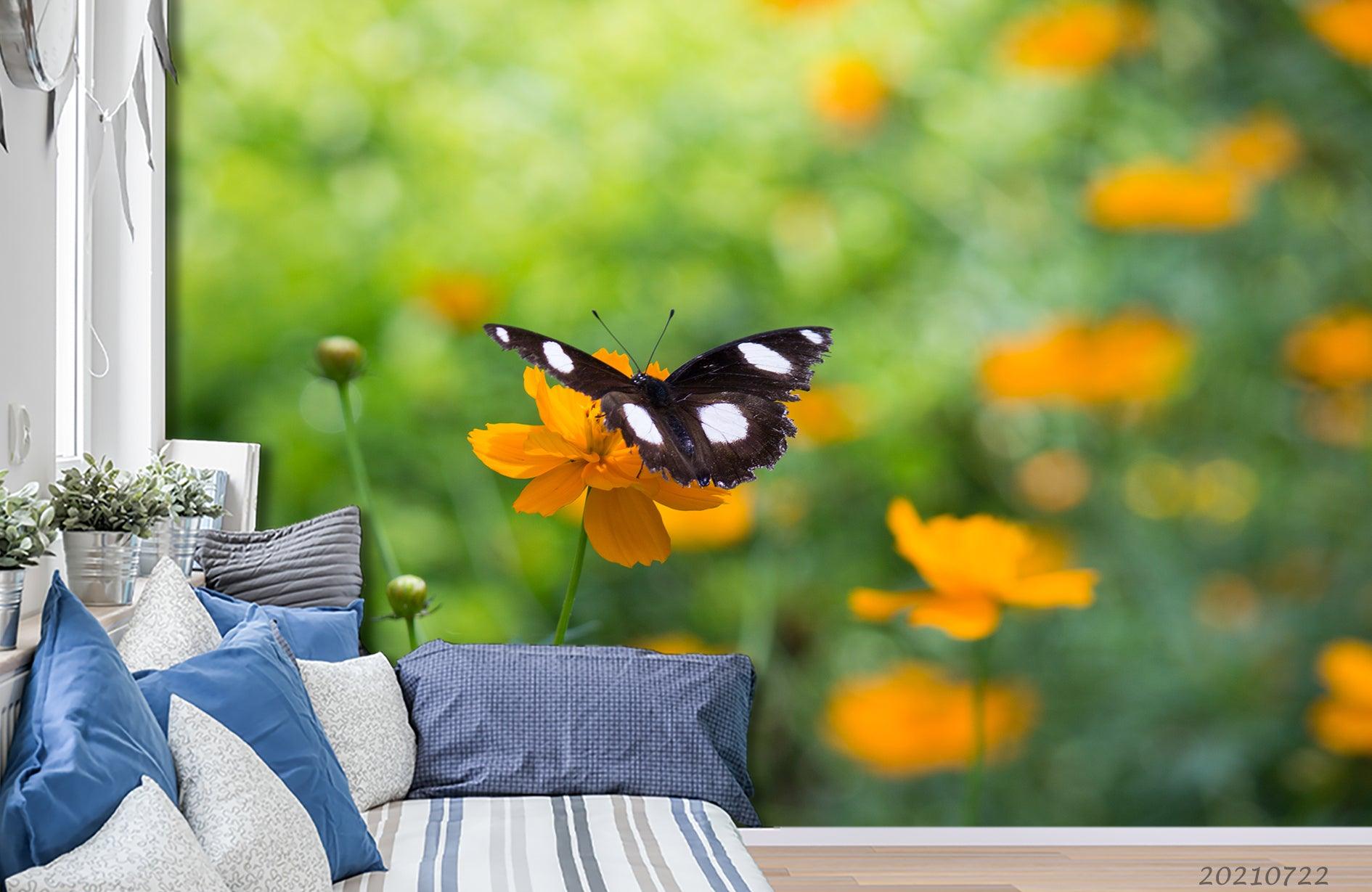 3D Yellow Floral Green Leaf Butterfly Wall Mural Wallpaper LQH 27- Jess Art Decoration