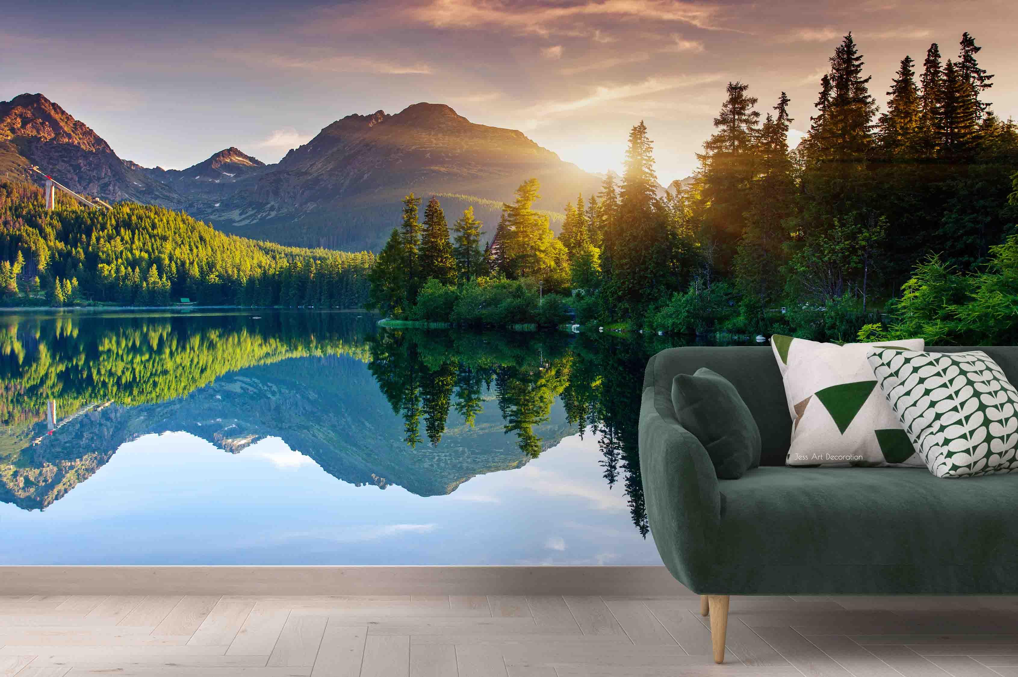 3D Nature Landscape Forest Lake Reflection Mountain Wall Mural Wallpaper GD 2328- Jess Art Decoration