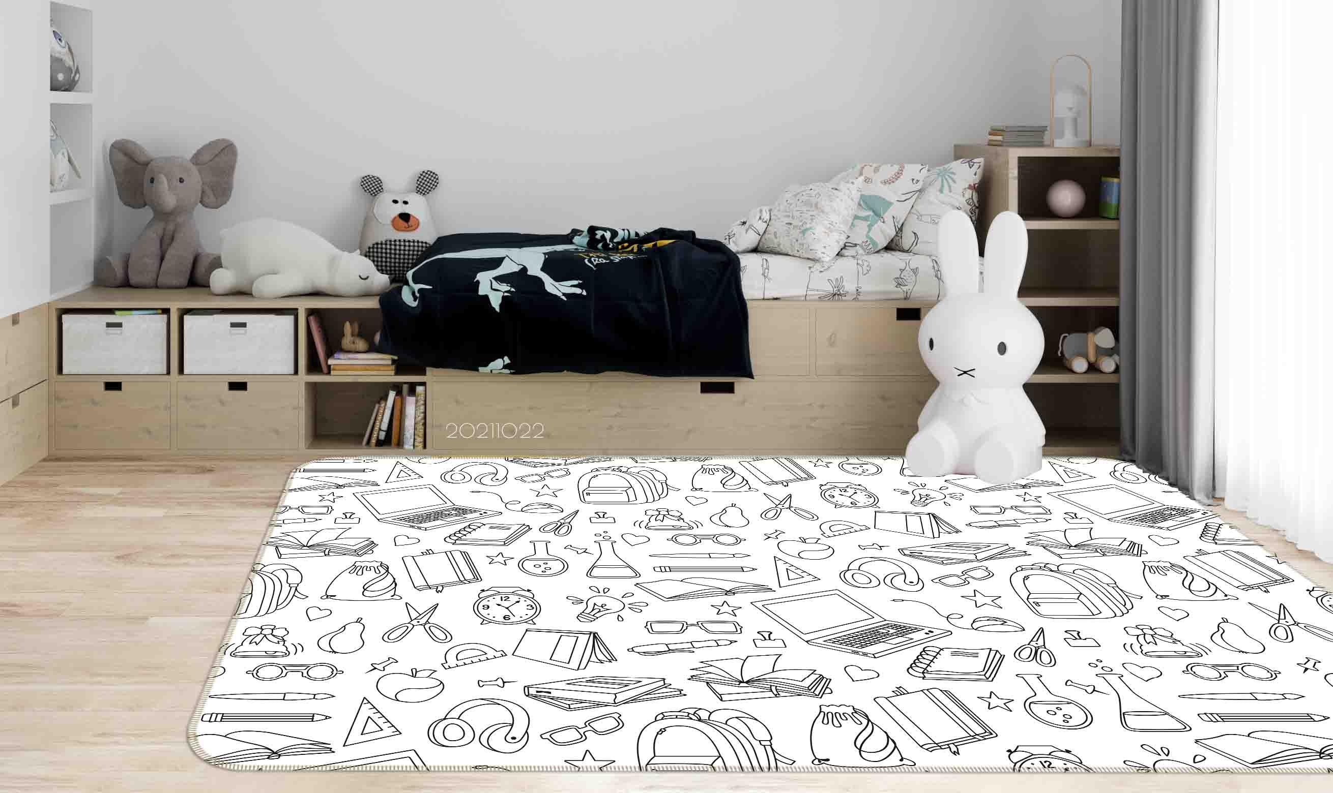 3D Abstract School Supplies Illustrations Doodle Non-Slip Rug Mat 3- Jess Art Decoration