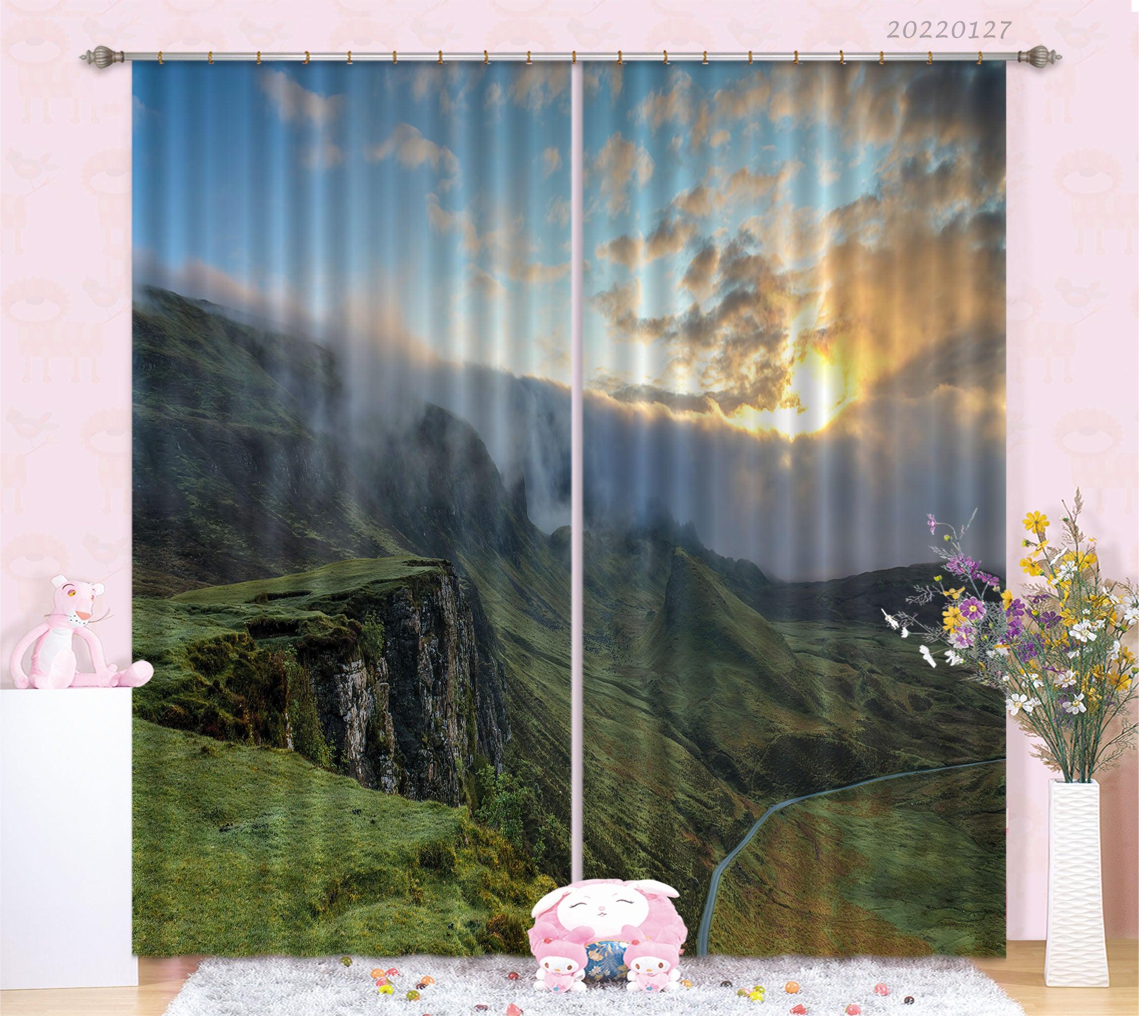 3D Green Mountain Fog Golden Sunbeam Cloud Scenery Curtains and Drapes GD 1396- Jess Art Decoration