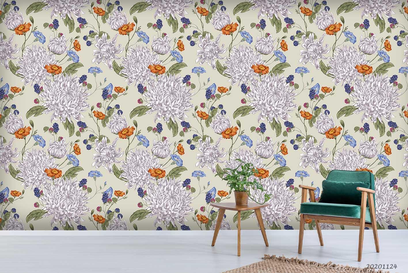 3D Hand Drawn Vintage Chrysanthemums Floral Pattern Wall Mural Wallpaper LXL- Jess Art Decoration