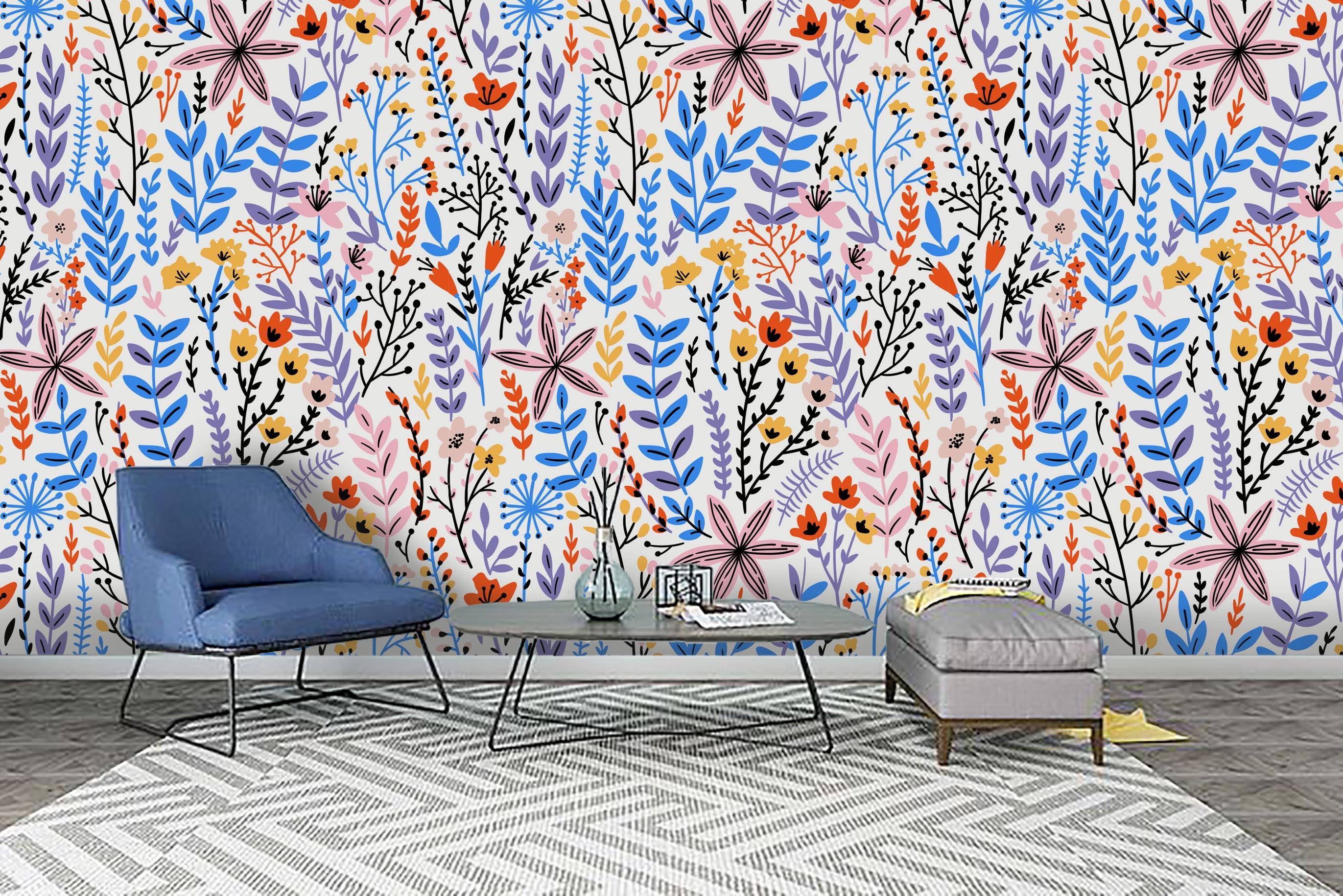 3D Blue Leaves Purple Flowers Wall Mural Wallpaper 65- Jess Art Decoration