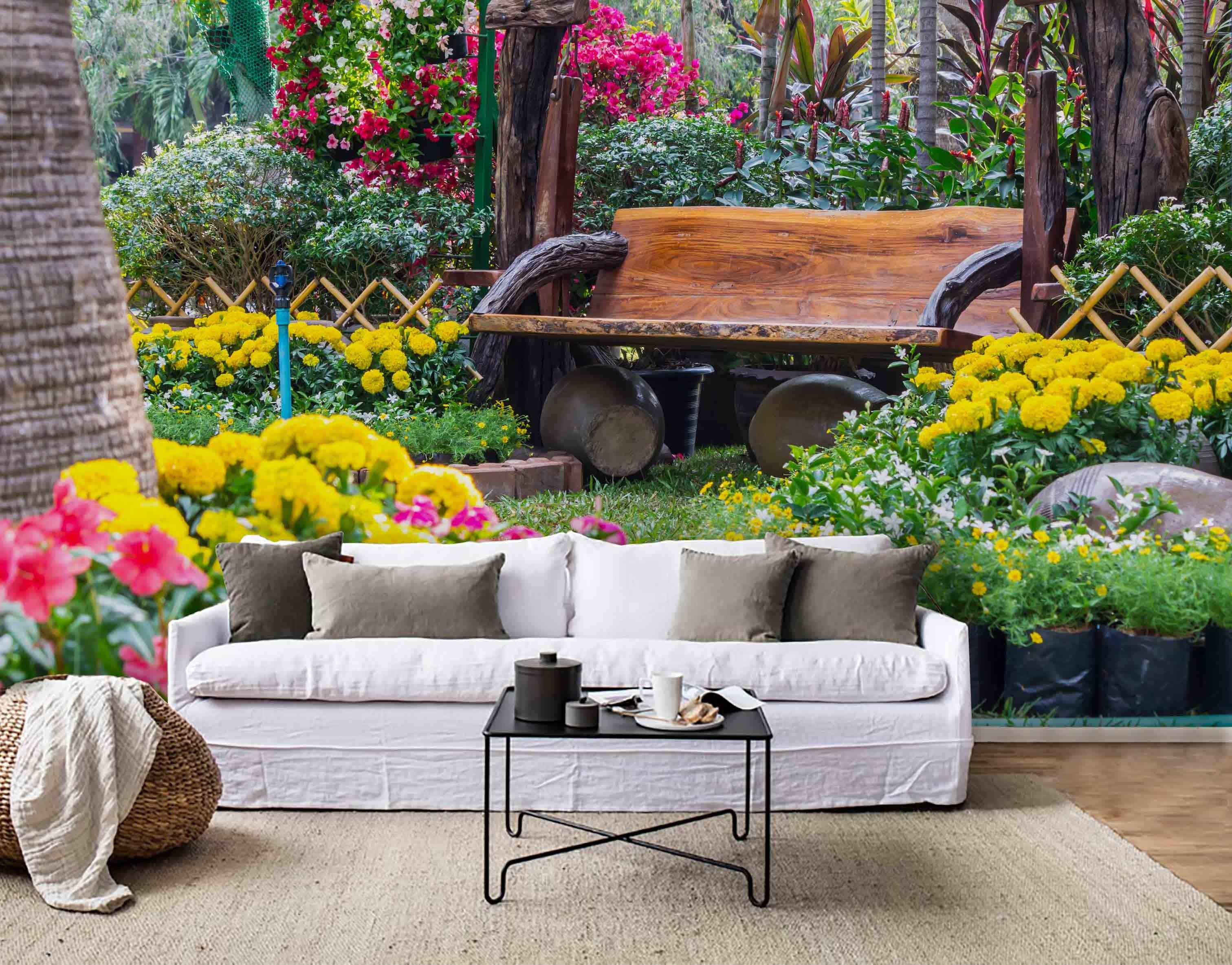 3D Bench Flower Plants Tree Wall Mural Wallpaper 151- Jess Art Decoration