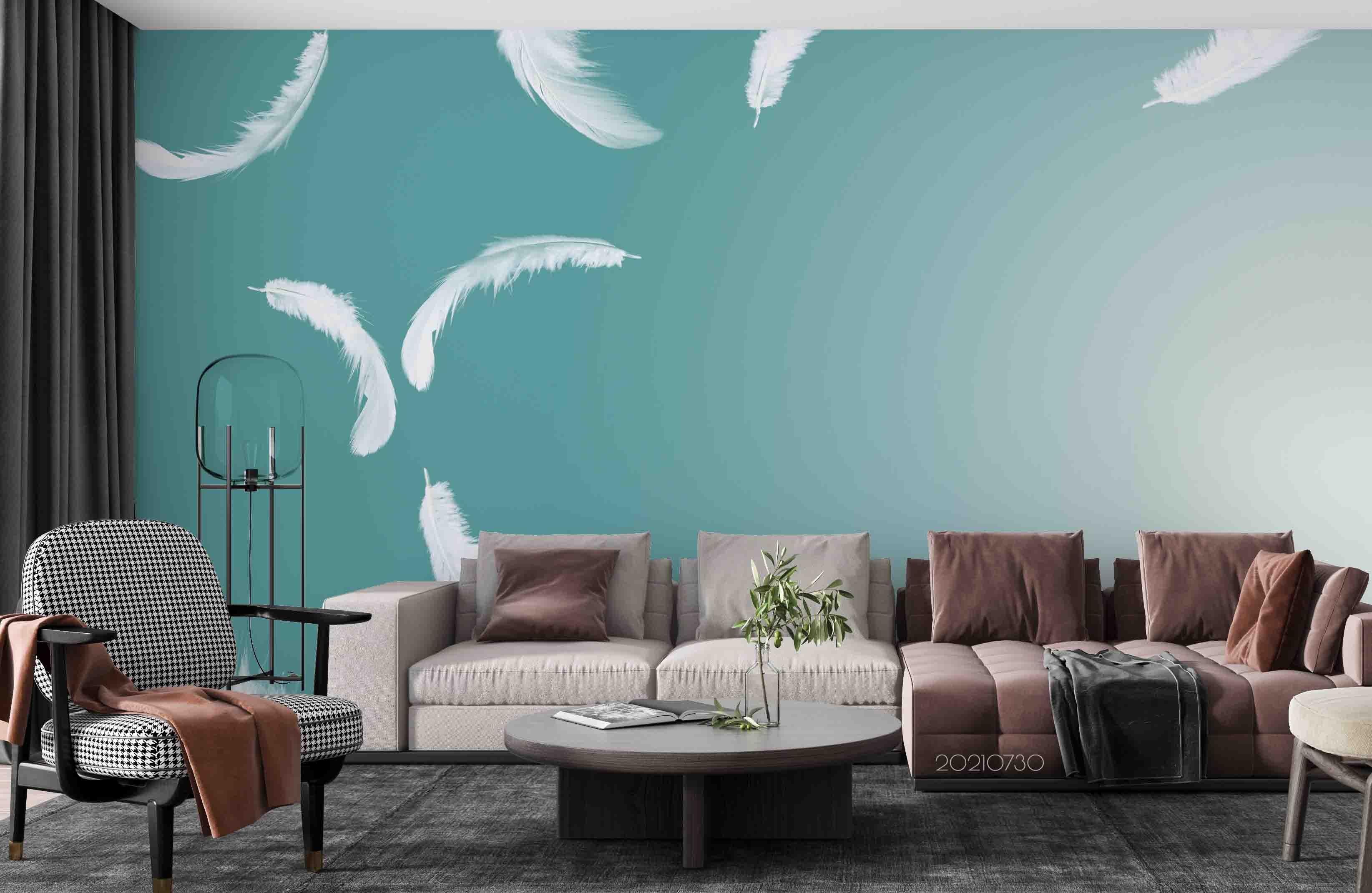 3D White Feather Green Background Wall Mural Wallpaper SWW4398- Jess Art Decoration