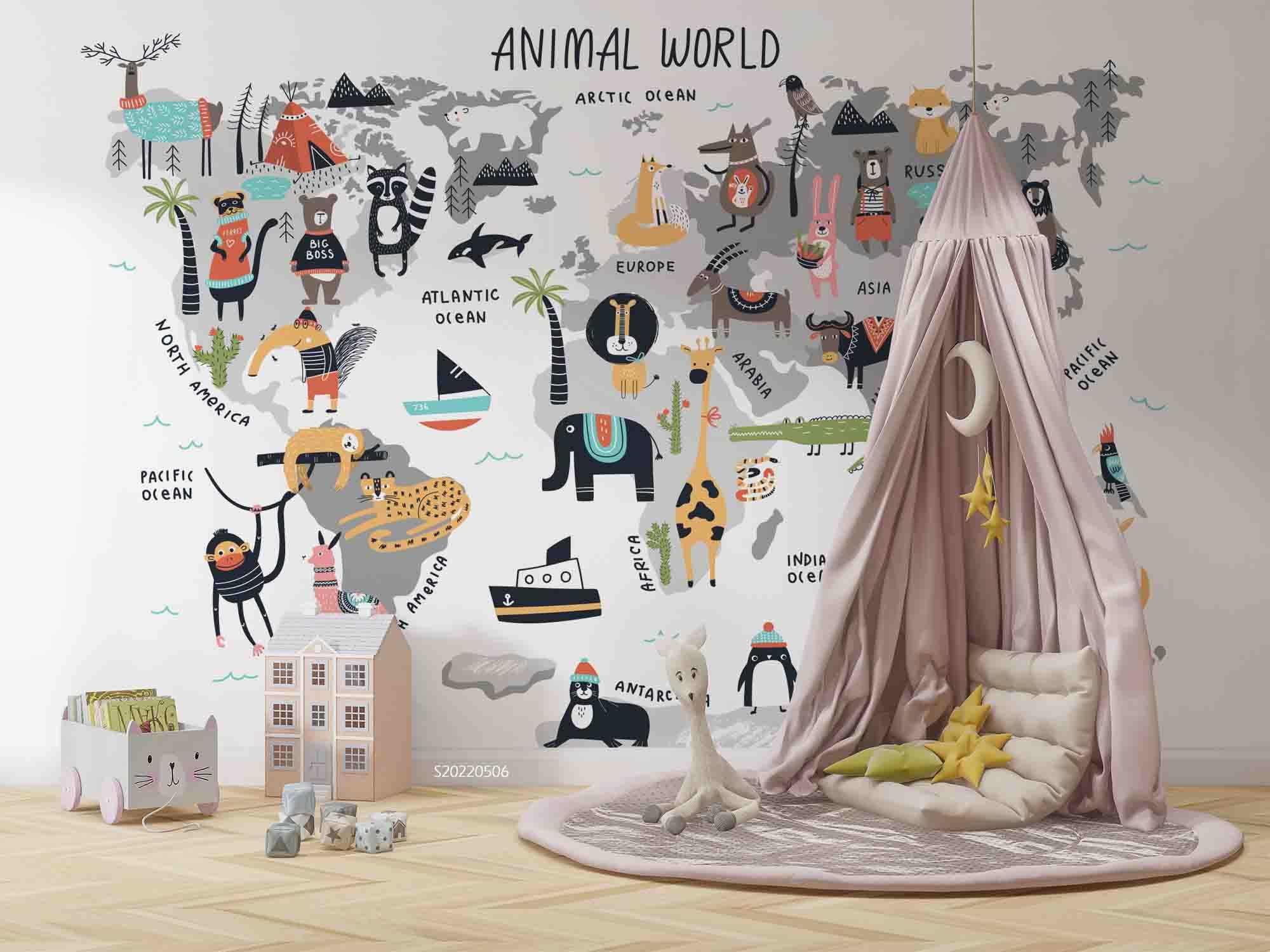 3D Cartoon Animal Plant Ocean Map Wall Mural Wallpaper GD 4658- Jess Art Decoration